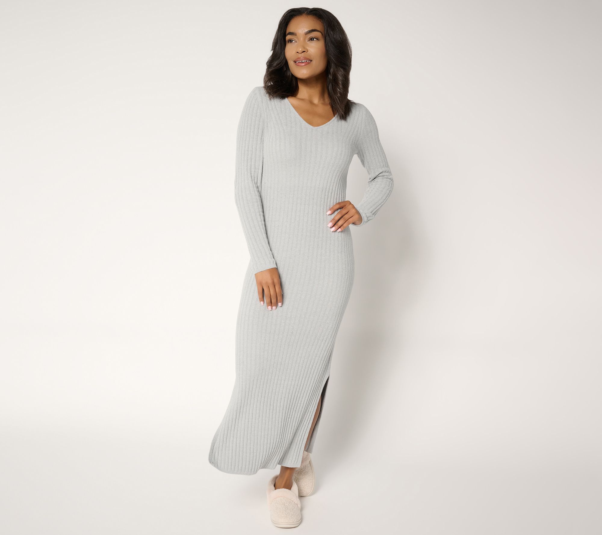Barefoot Dreams Reg. CozyChic Ultra Lite Long Sleeve V Ribbed Dress