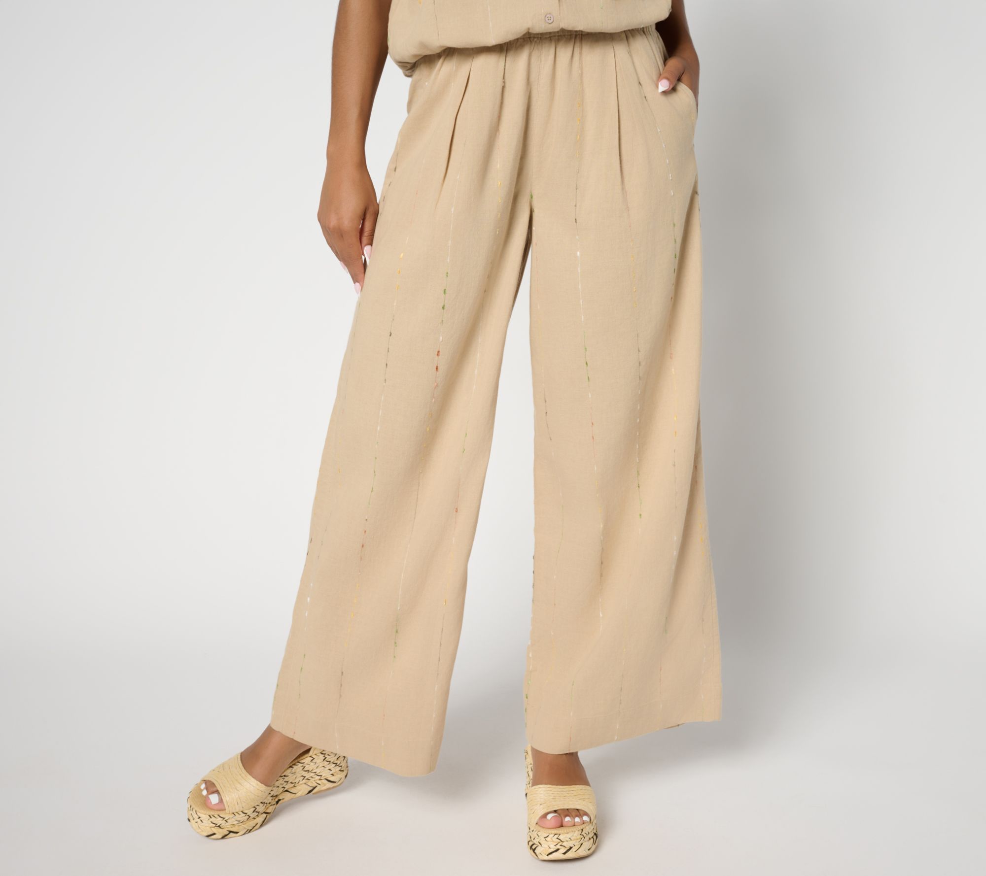 LOGO by Lori Goldstein Petite Cotton Full Length Wide Leg Pants