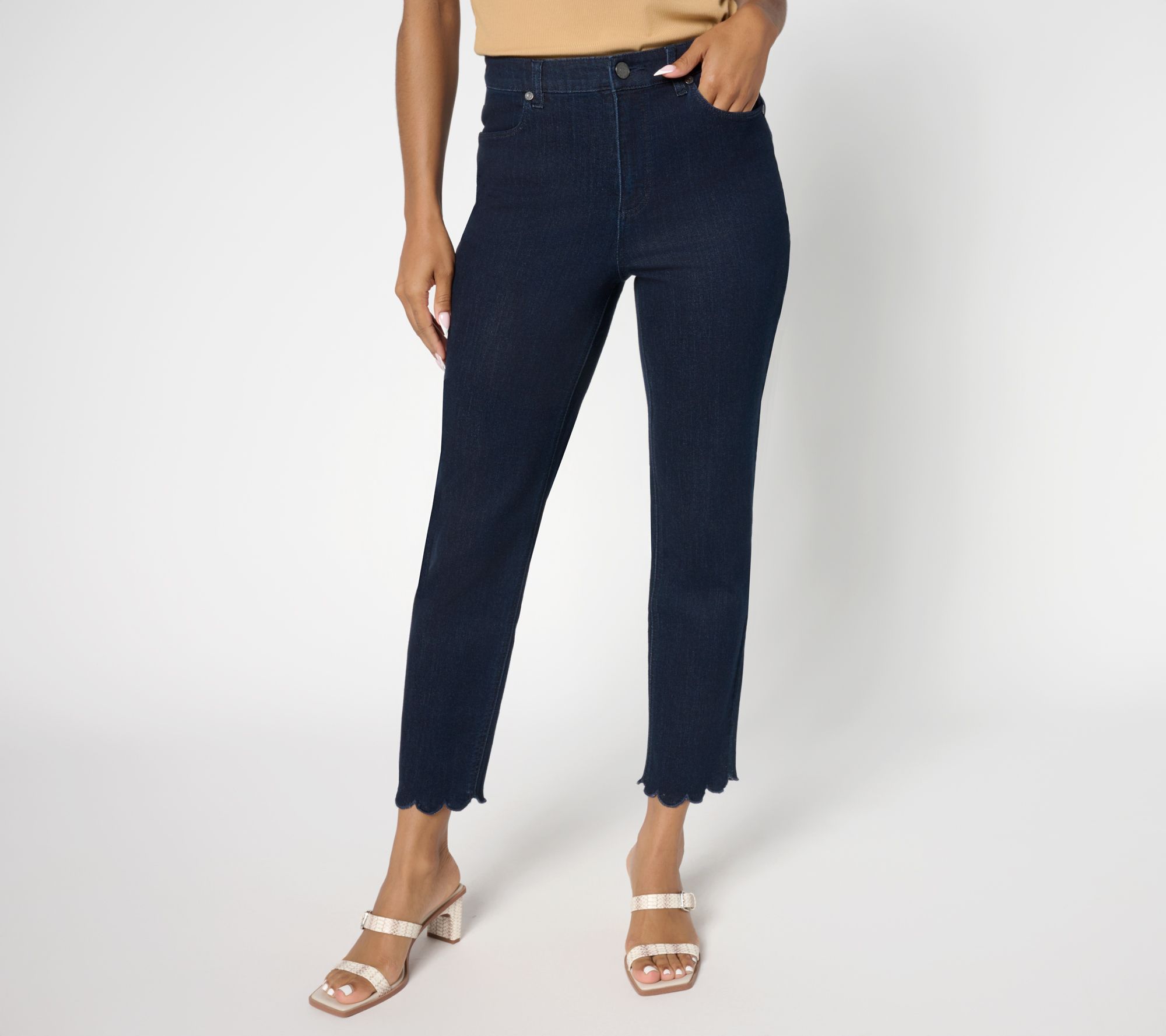 Susan Graver Petite Stretch Denim Scallop Hem Ankle Jean