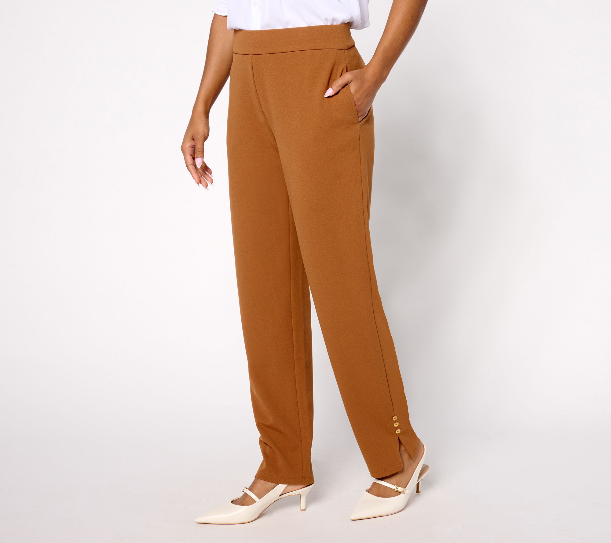 "As Is" Dennis Basso Regular Luxe Crepe Slim Leg Pants with Button Detail