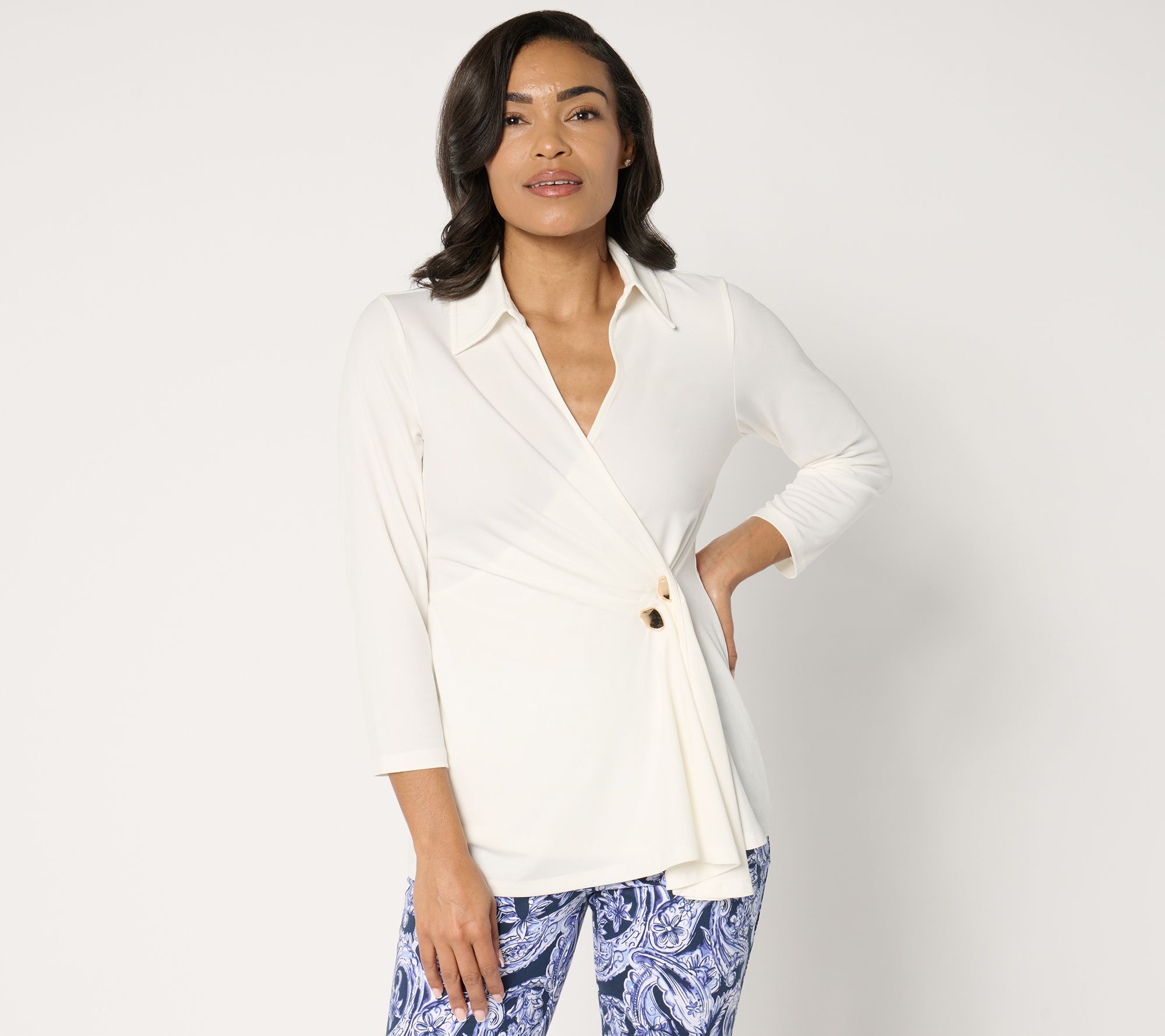 "As Is" Susan Graver Liquid Knit Faux Wrap Cascade 3/4 Sleeve Top