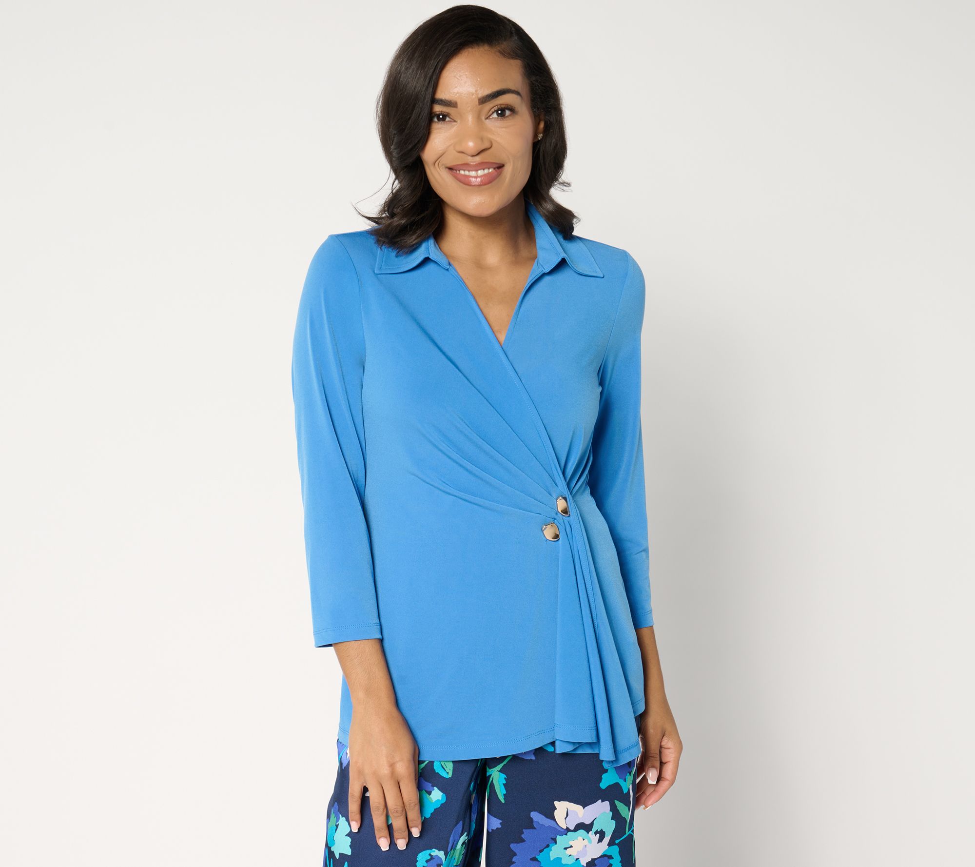"As Is" Susan Graver Liquid Knit Faux Wrap Cascade 3/4 Sleeve Top