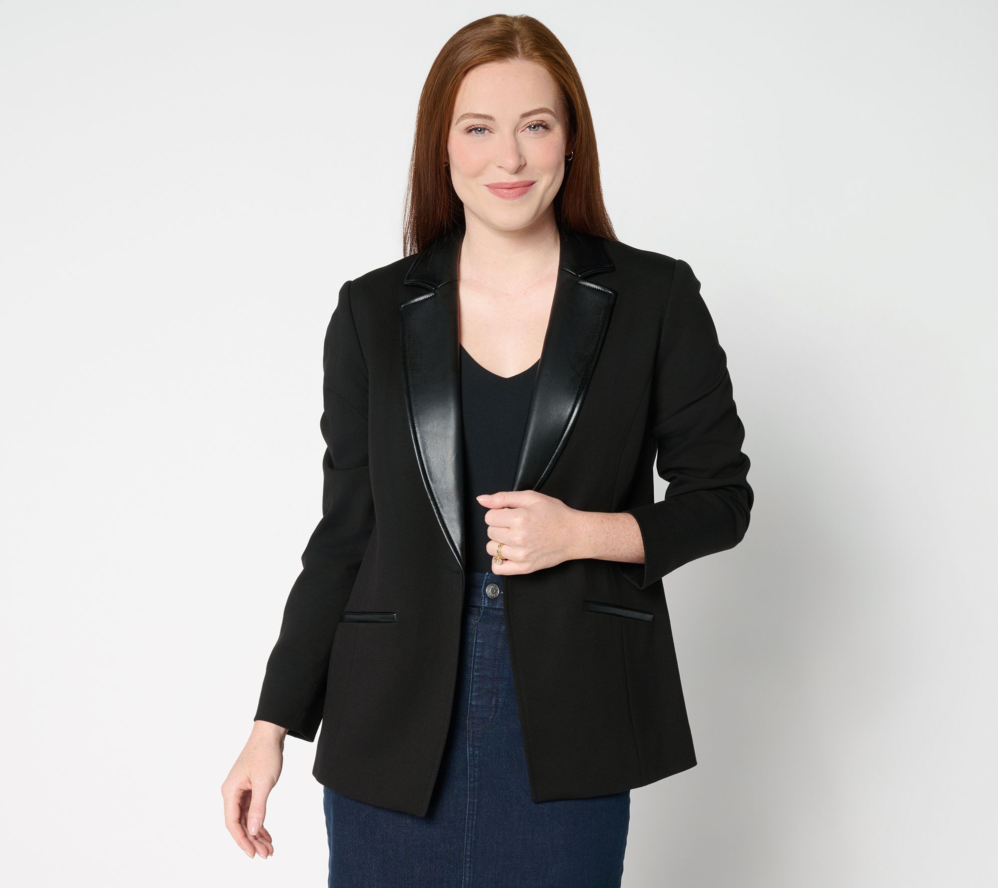 Tailored by Susan Graver Smart Ponte 350 Blazer w/Faux Leather Trim