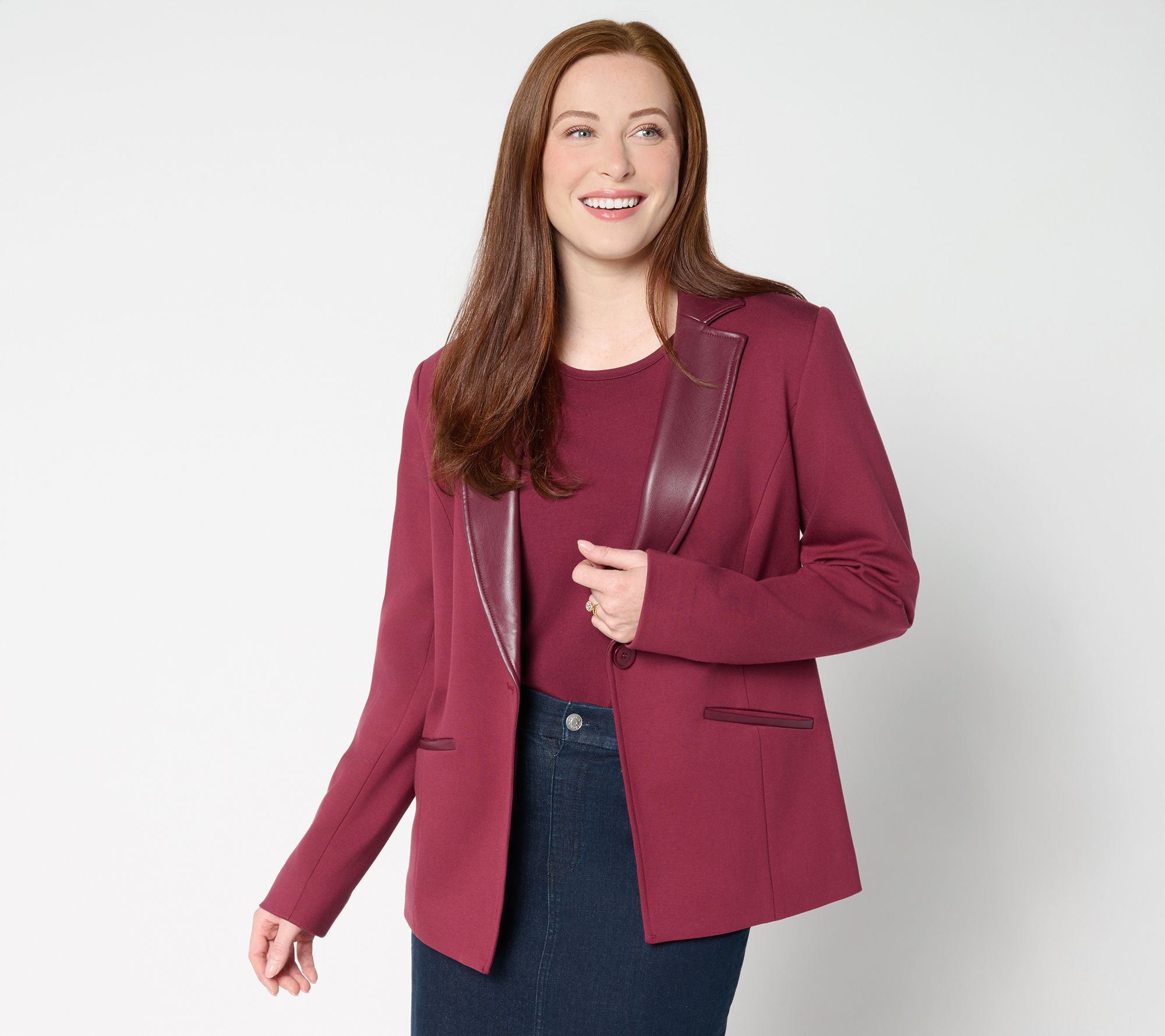 Tailored by Susan Graver Smart Ponte 350 Blazer w/Faux Leather Trim