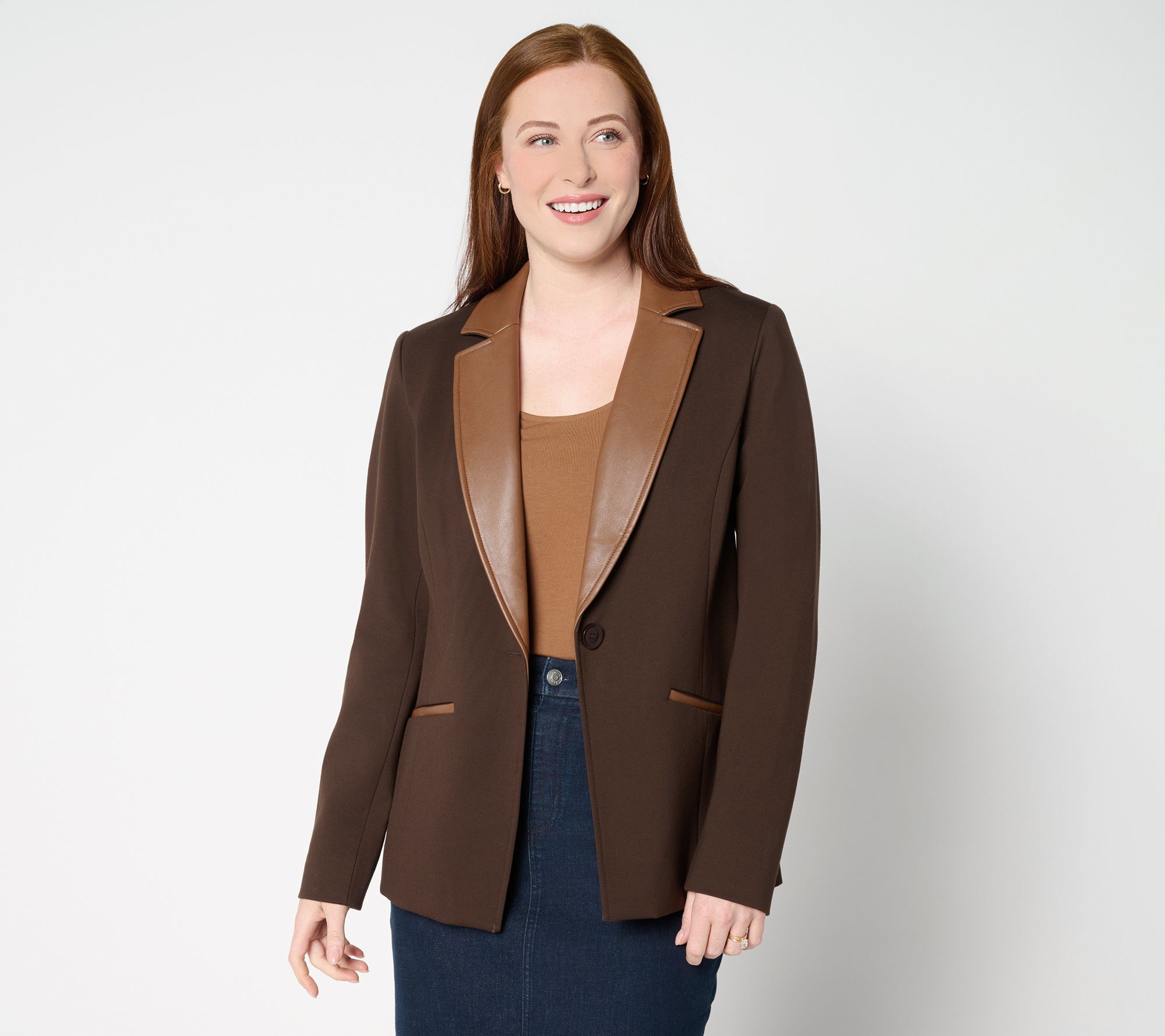 Tailored by Susan Graver Smart Ponte 350 Blazer w/Faux Leather Trim