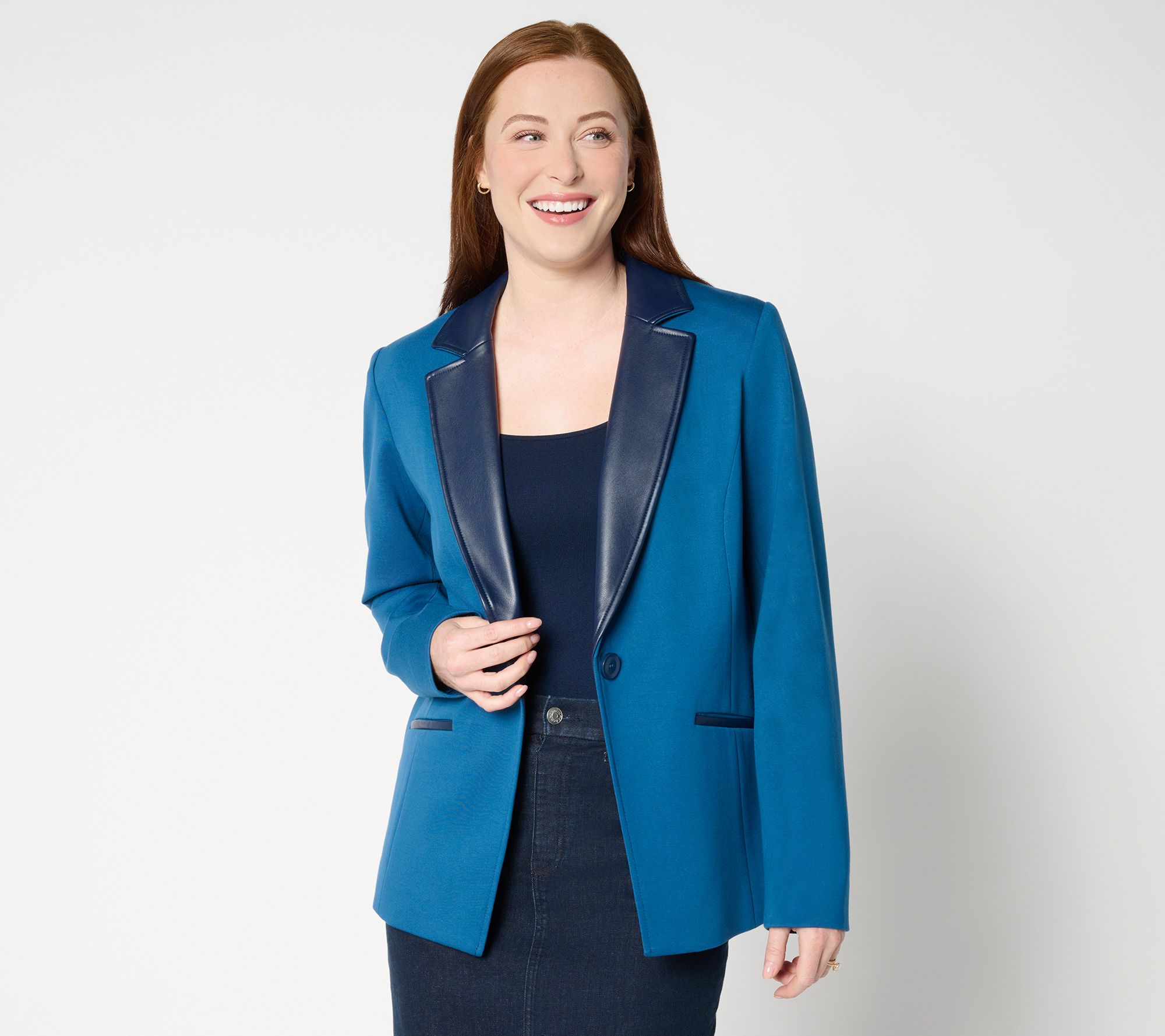 Tailored by Susan Graver Smart Ponte 350 Blazer w/Faux Leather Trim