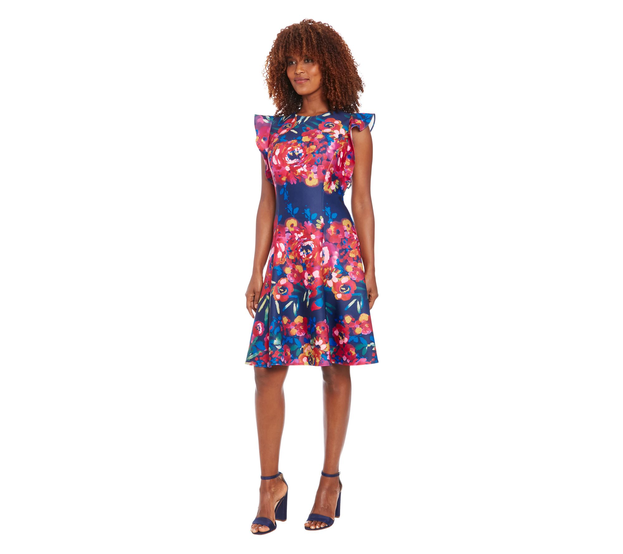 London Times Ruffle Sleeve Floral Print Fit & Flare Dress
