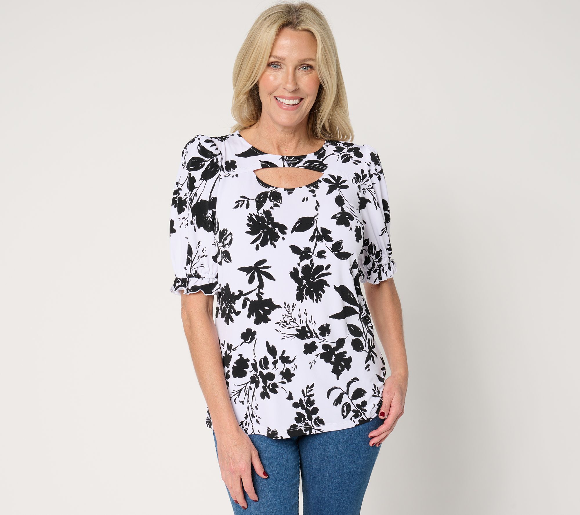 "As Is" Susan Graver Printed Liquid Puff Sleeve Top with Keyhole Detail