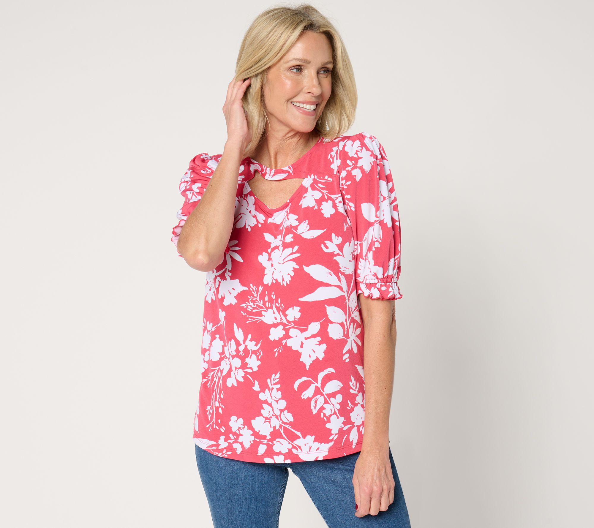 "As Is" Susan Graver Printed Liquid Puff Sleeve Top with Keyhole Detail