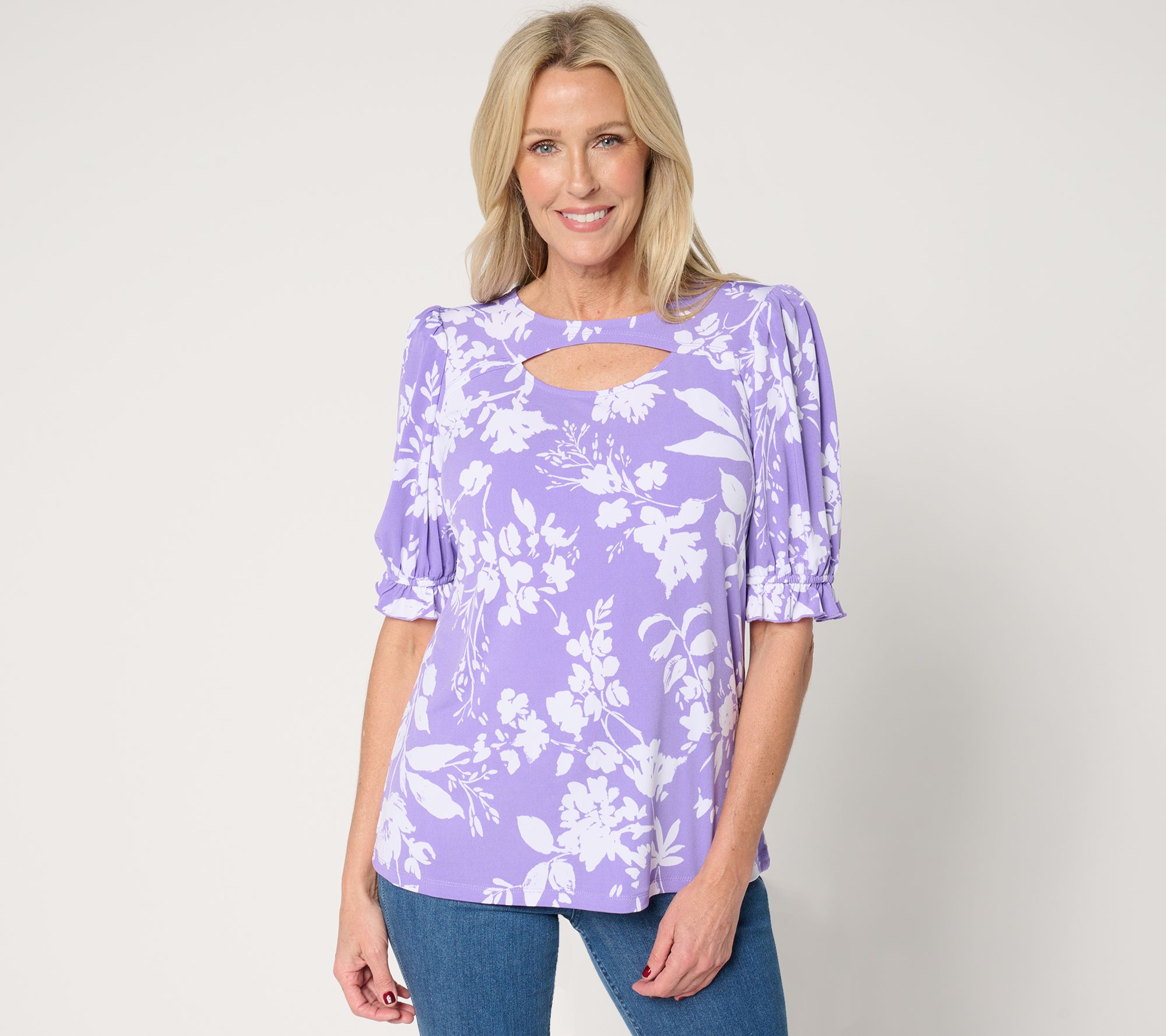 "As Is" Susan Graver Printed Liquid Puff Sleeve Top with Keyhole Detail