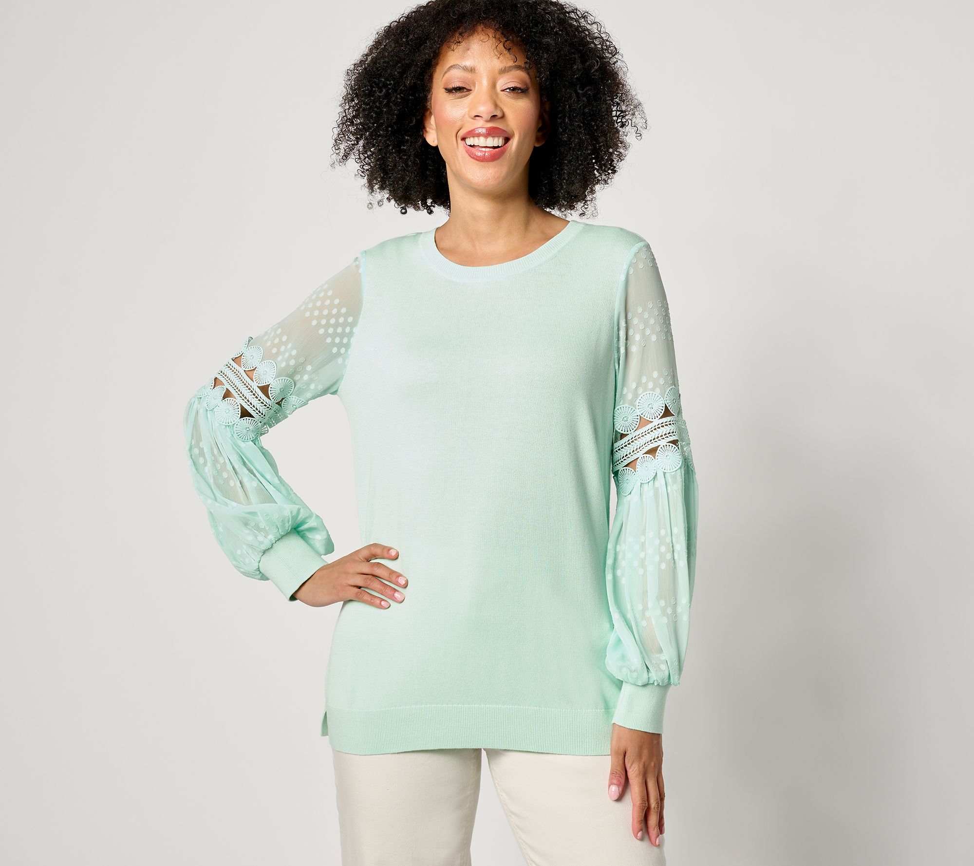 "As Is" Belle by Kim Gravel Graceful Lace Blouson Sleeve Sweater