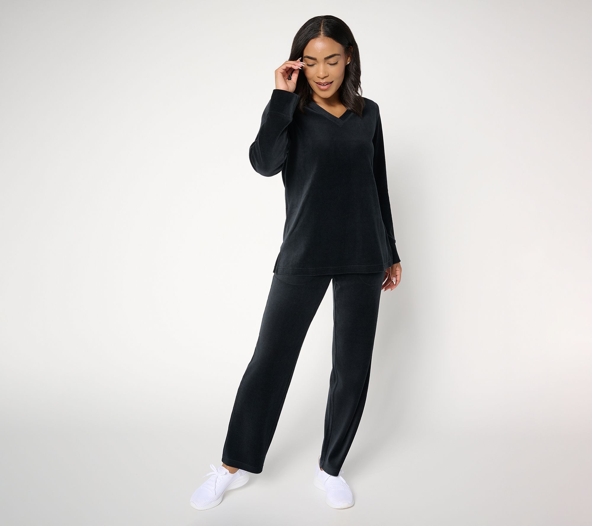 Denim & Co. Active Tall Velour Top & Straight Leg Pants Set