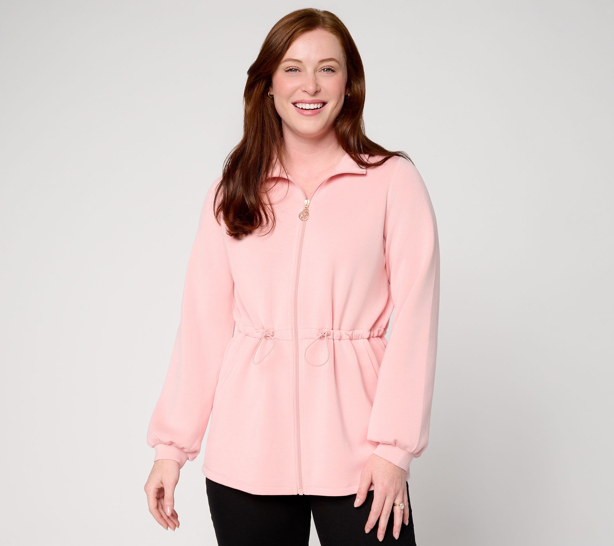 Belle by Kim Gravel ScubaLuxe Cinch Waist Zip Front Jacket