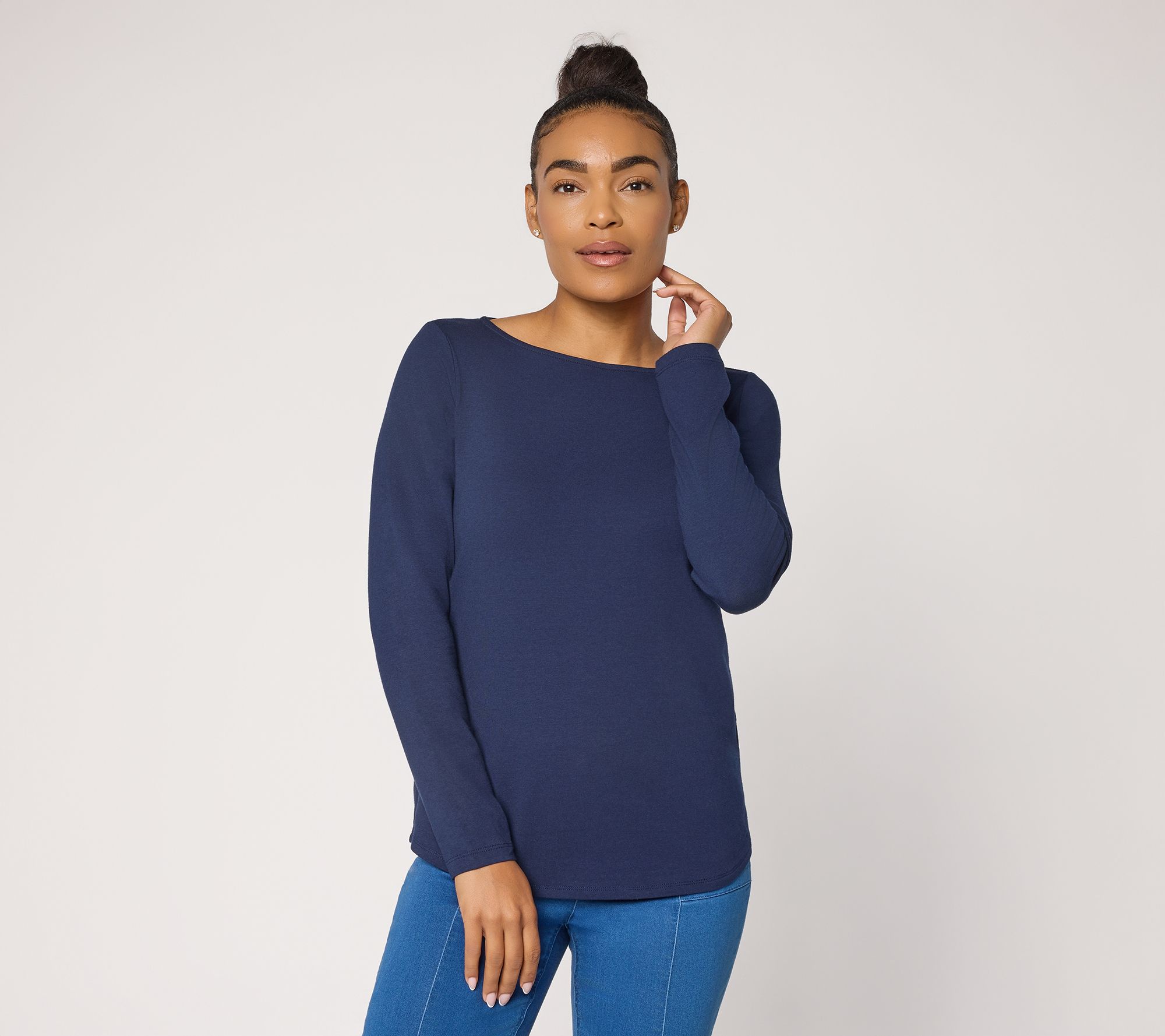Susan Graver Essentials Comfy Cotton Bateau-Neck Shirttail Top