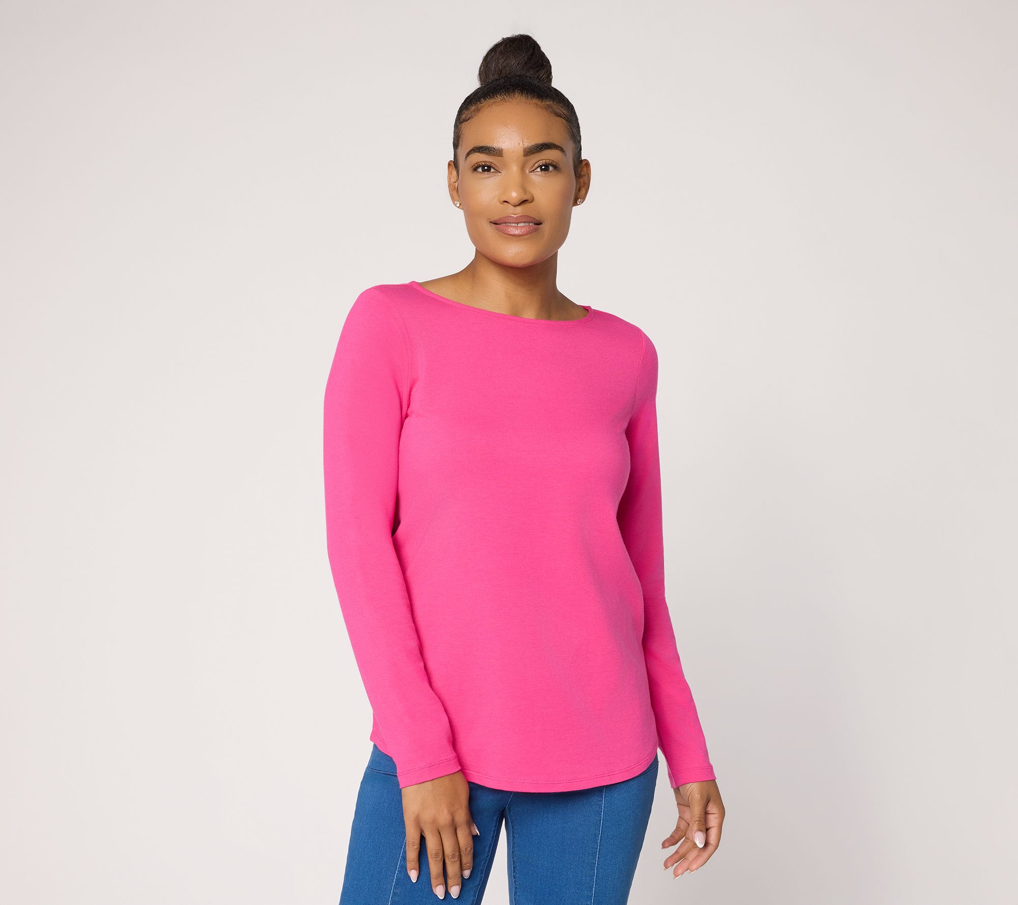 Susan Graver Essentials Comfy Cotton Bateau-Neck Shirttail Top