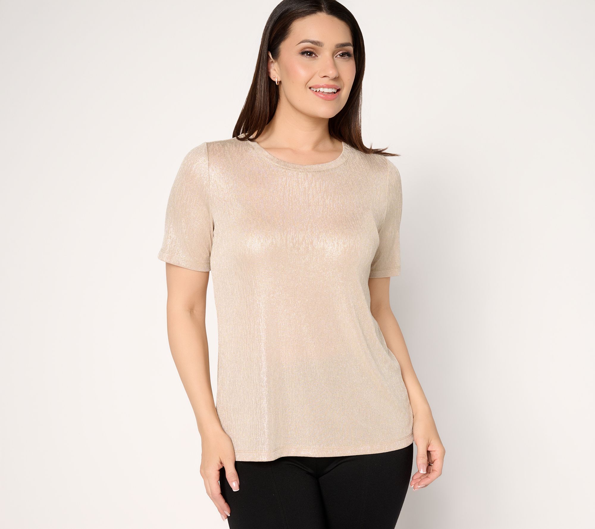 Susan Graver Metallic Knit Short-Sleeve Crew Neck Top