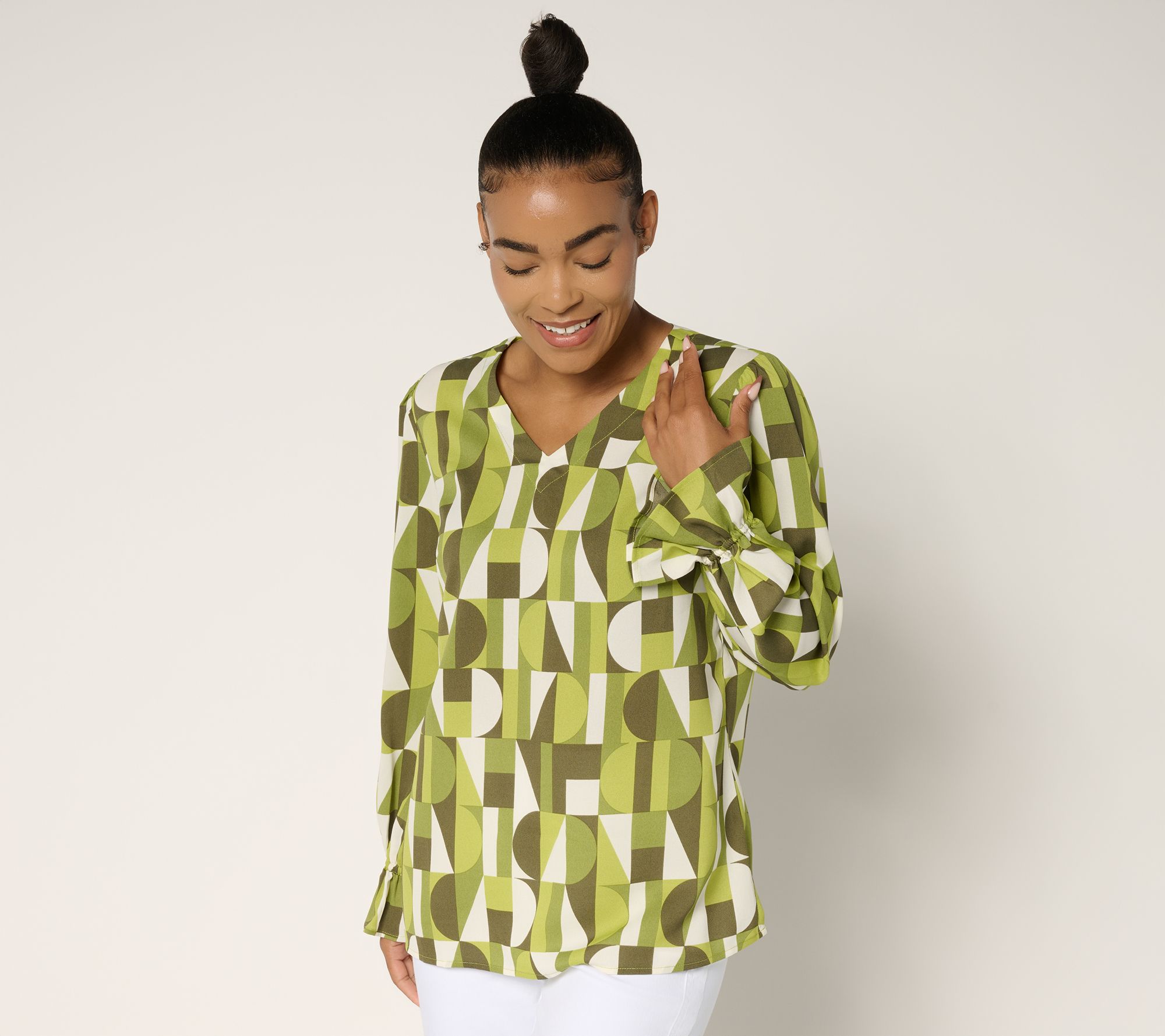 "As Is" Belle by Kim Gravel Geo Graphic V-Neck Blouse