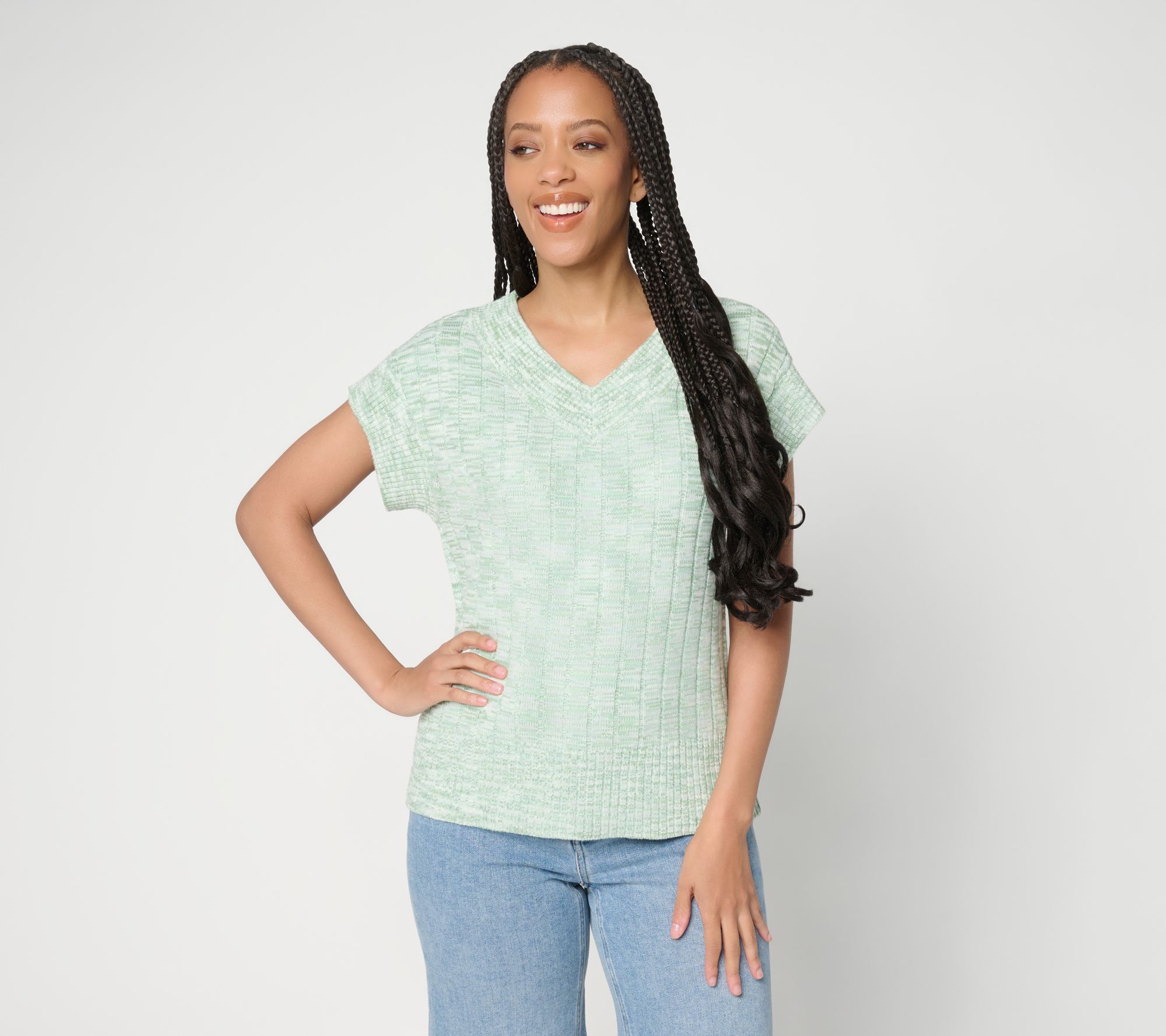 AnyBody Spacedye V-Neck Cap Sleeve Pullover Sweater