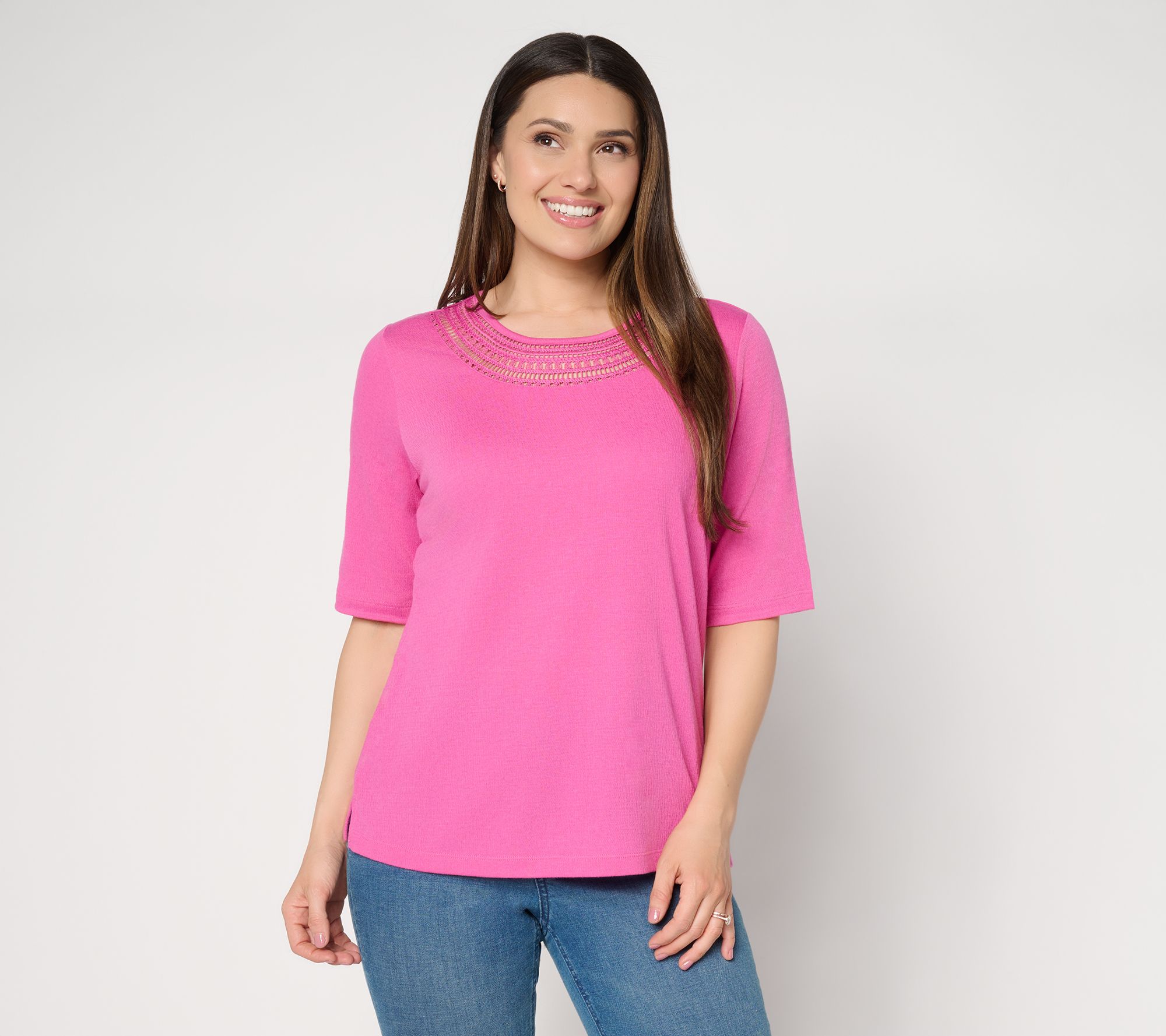  Denim & Co. Beach Knit Gauze Elbow Sleeve Top w/ Crochet