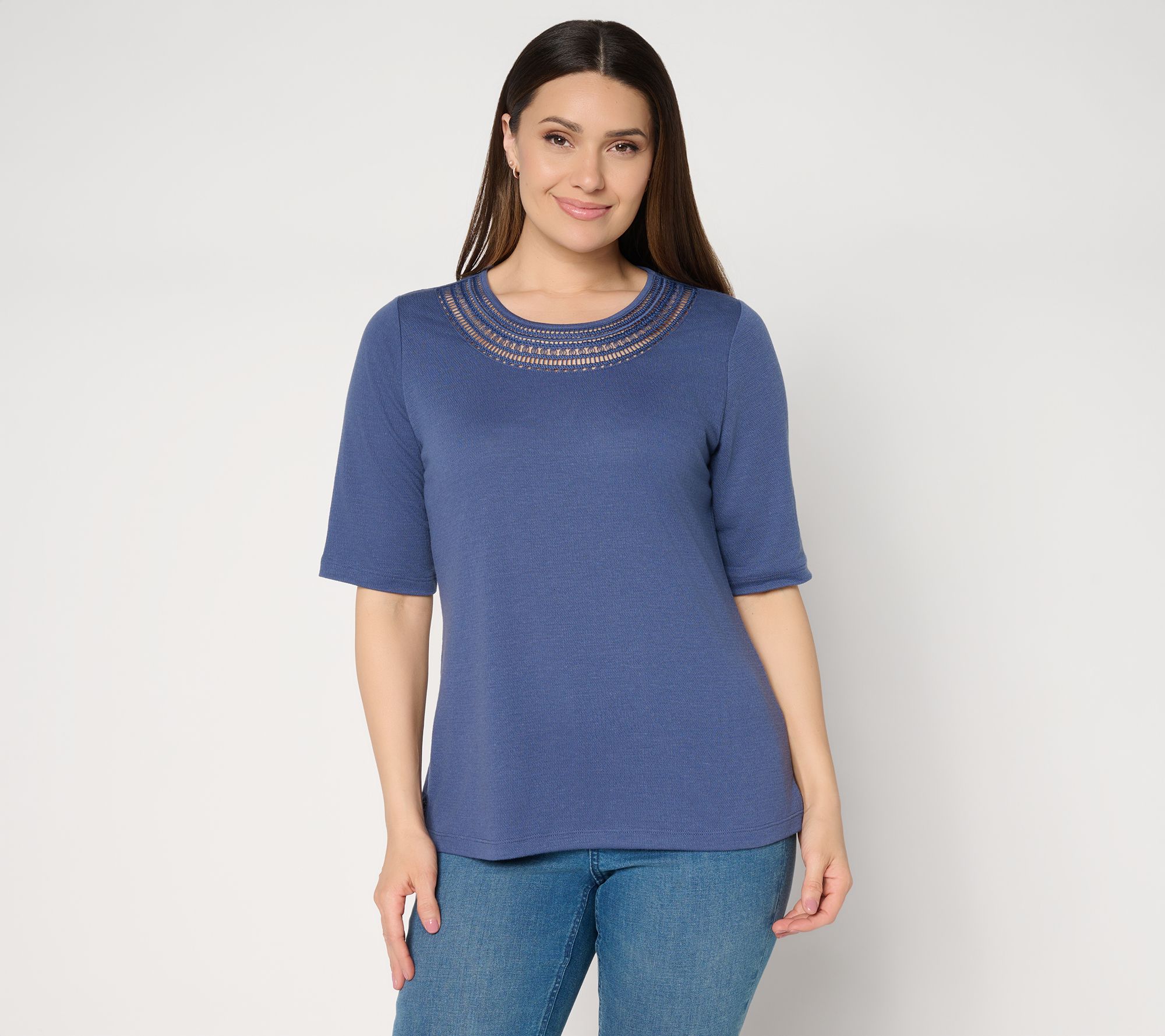 Denim & Co. Beach Knit Gauze Elbow Sleeve Top w/ Crochet