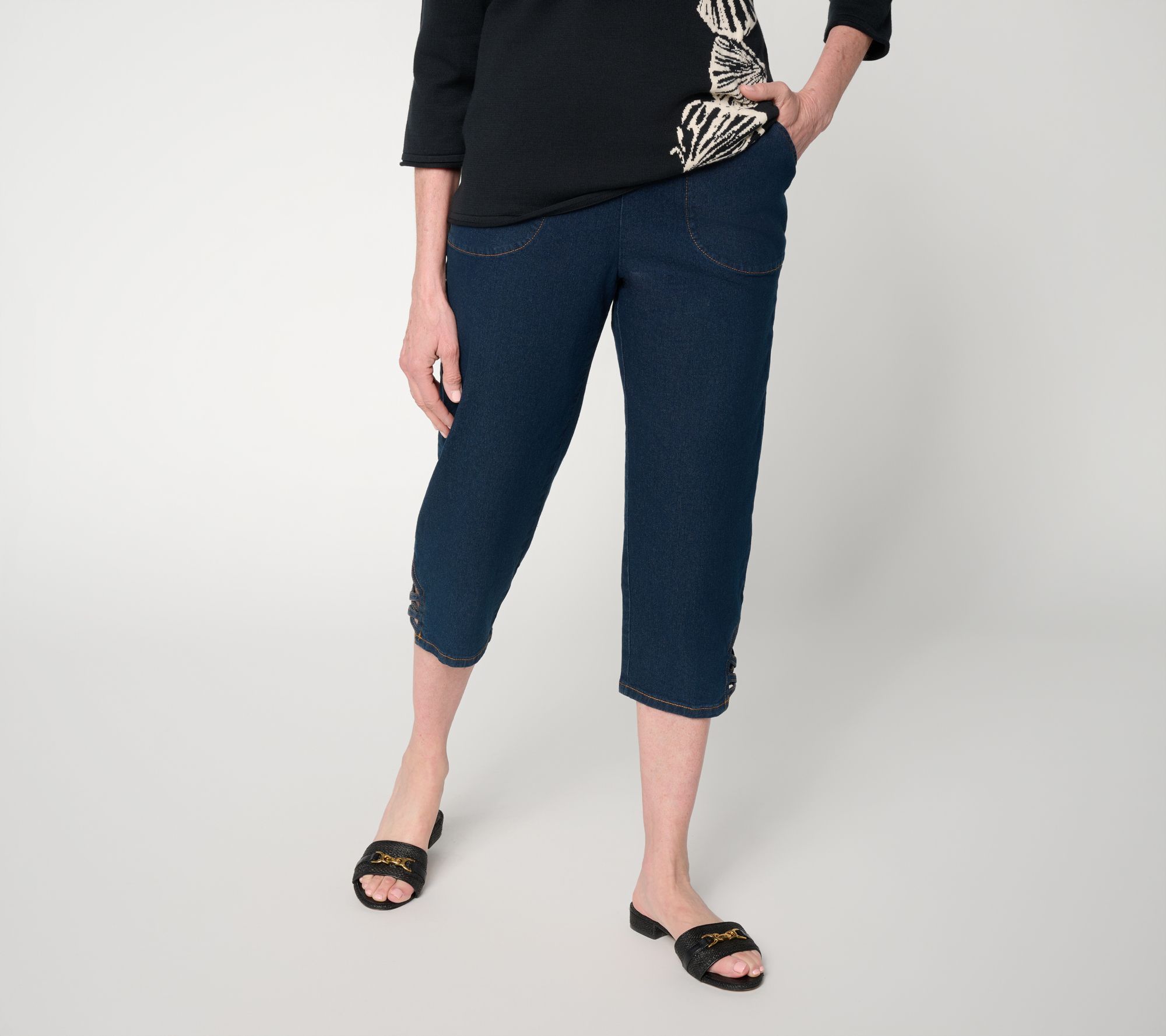 Denim & Co. Regular Indigo Flat Front Capris Pants w/ Lattice Hem