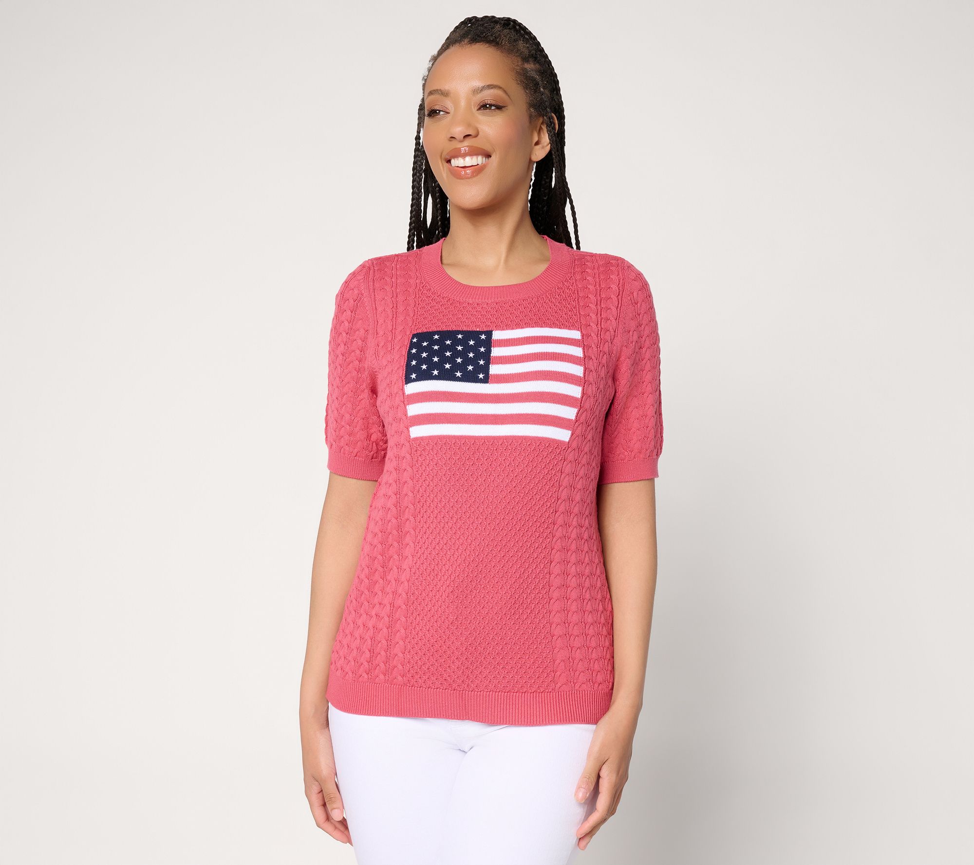  Joan Rivers 100% Cotton Cable Knit Elbow Sleeve Flag Sweater