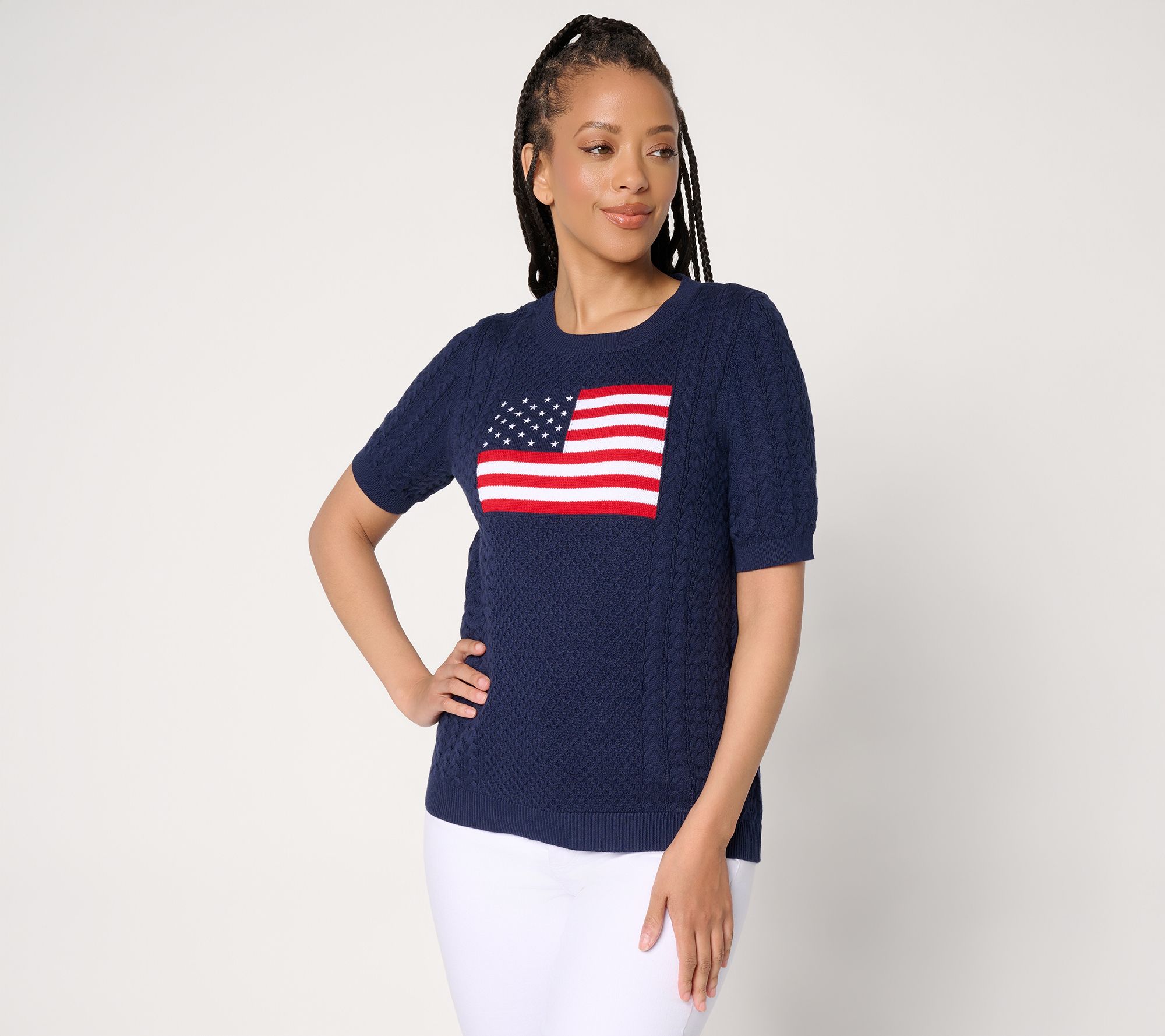 Joan Rivers 100% Cotton Cable Knit Elbow Sleeve Flag Sweater