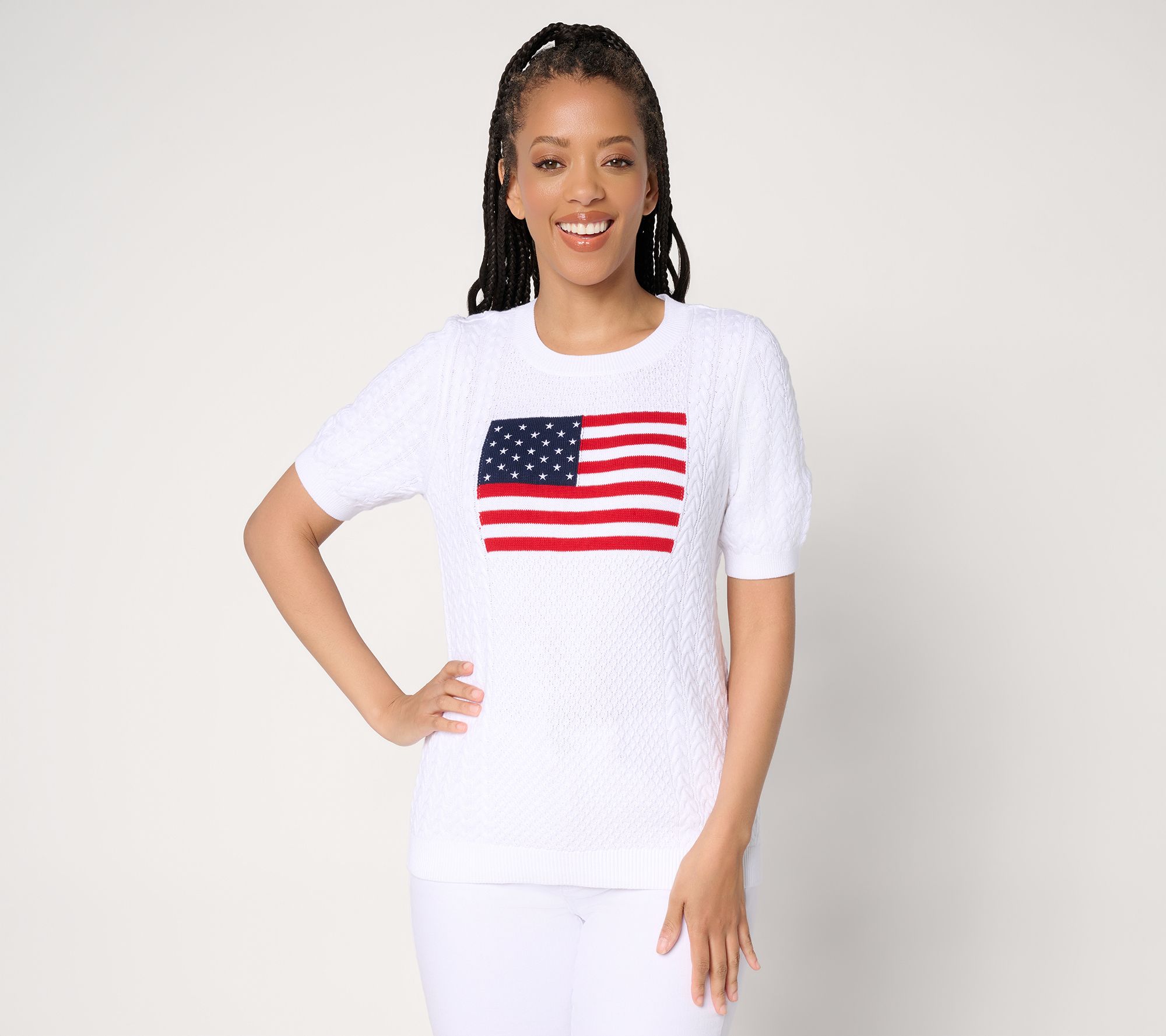 Joan Rivers 100% Cotton Cable Knit Elbow Sleeve Flag Sweater