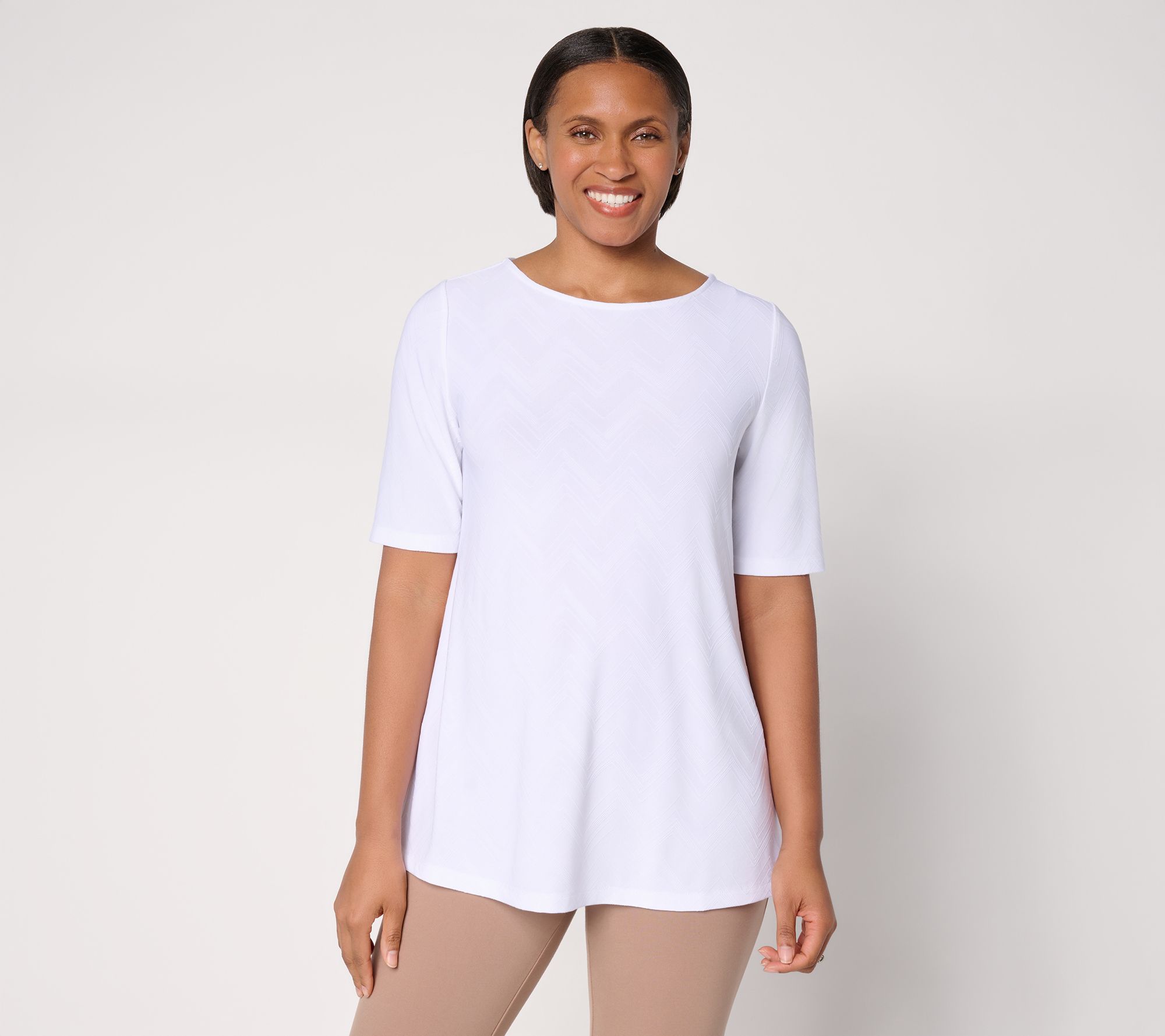 Susan Graver Jacquard Regular Liquid Knit Elbow Slv A-Line Tunic