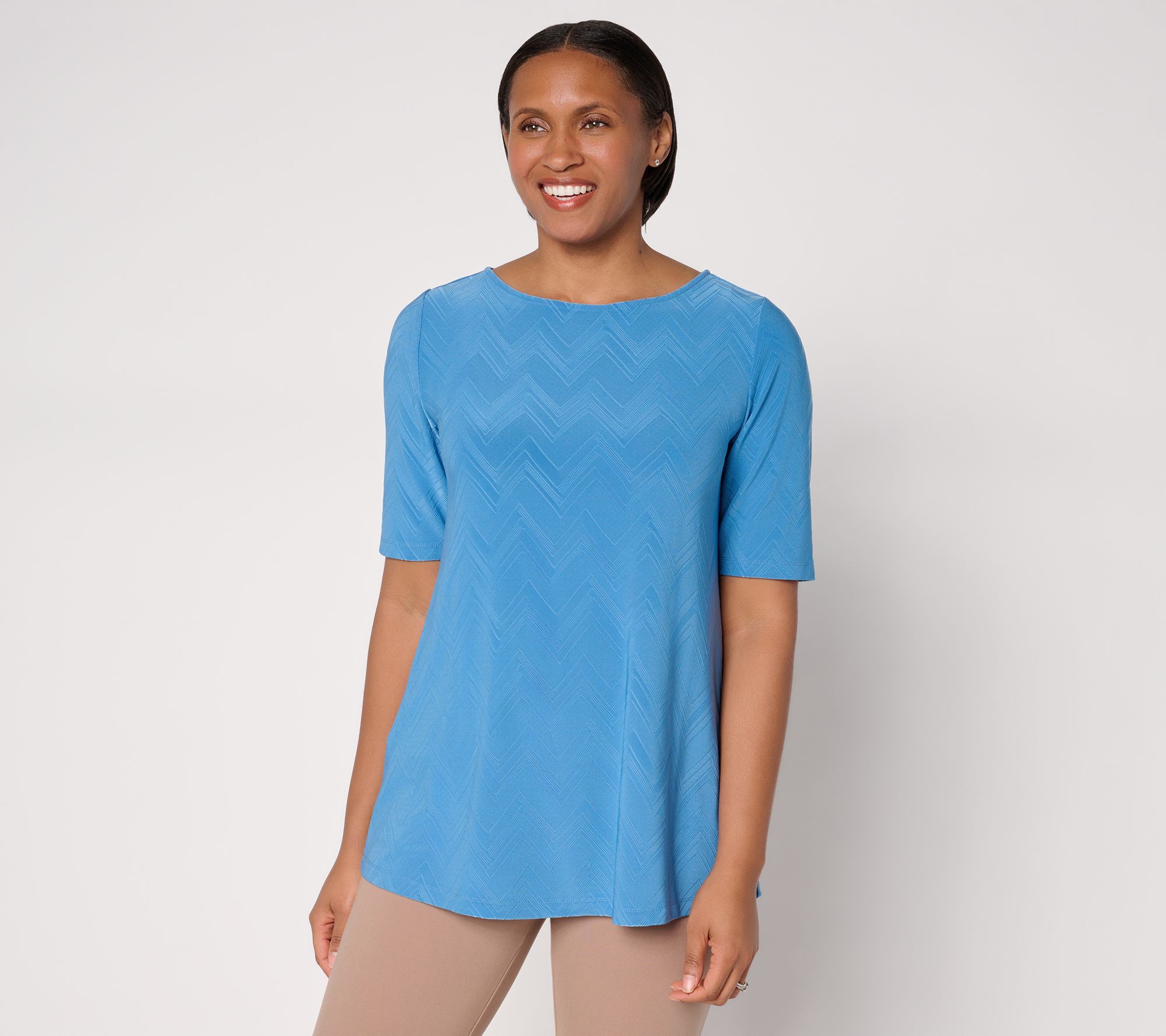 Susan Graver Jacquard Regular Liquid Knit Elbow Slv A-Line Tunic