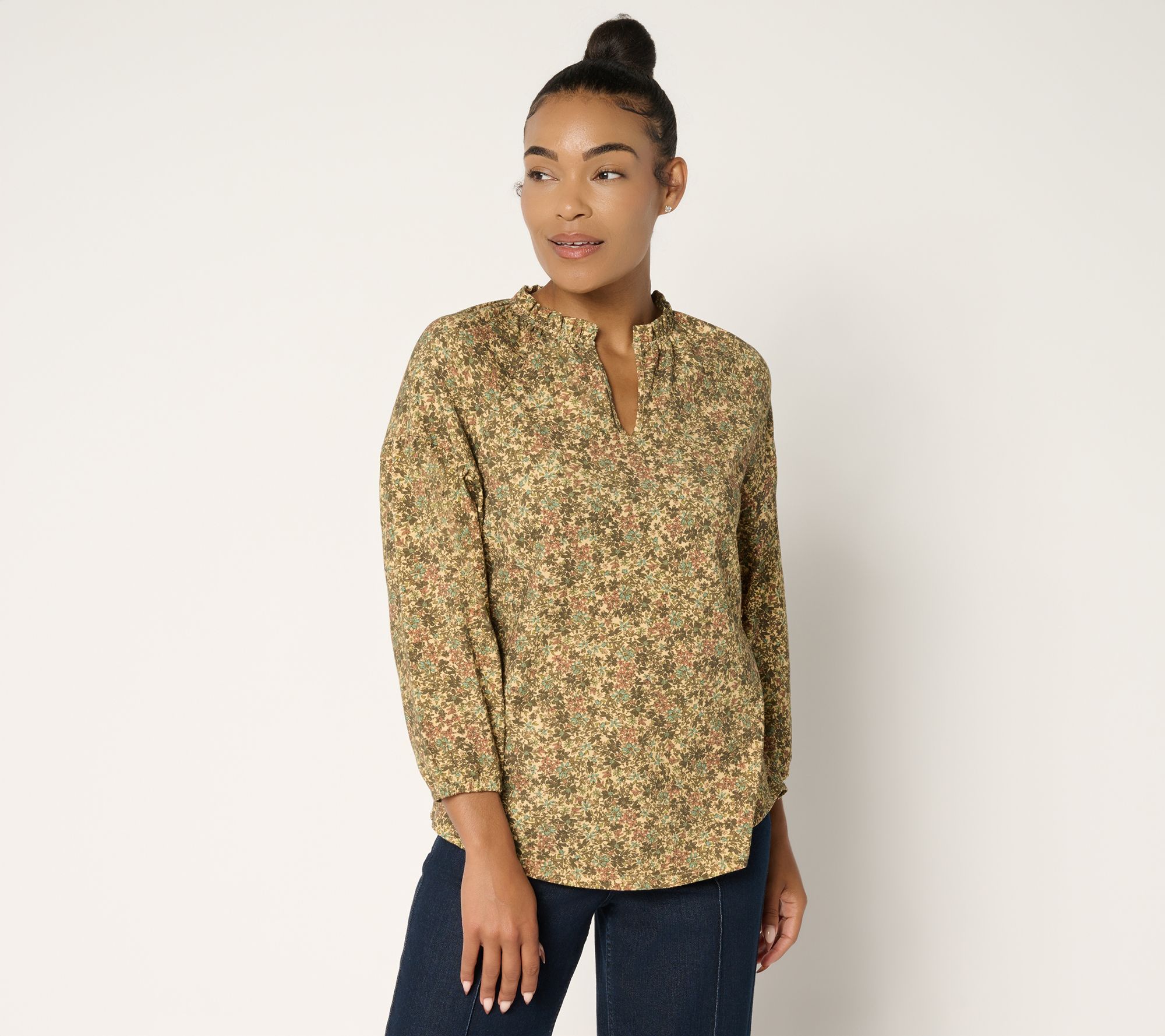 "As Is" Ree by The Pioneer Woman Printed Ruffle Neck Blouson Top