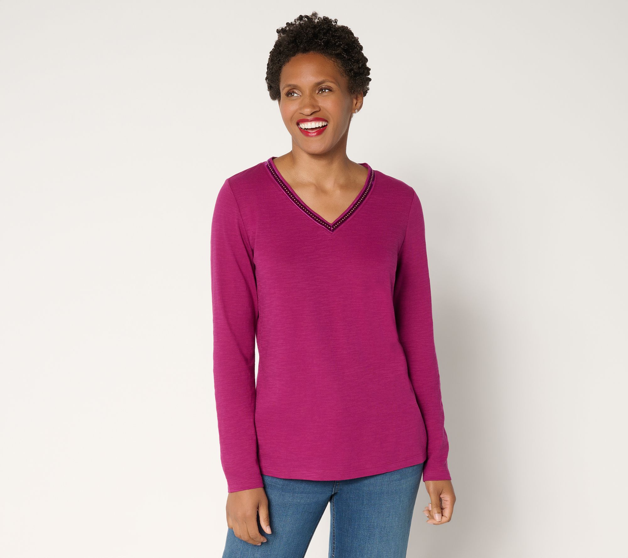 "As Is" Denim & Co. 100% Cotton Embellished Long Sleeve V-Neck Top