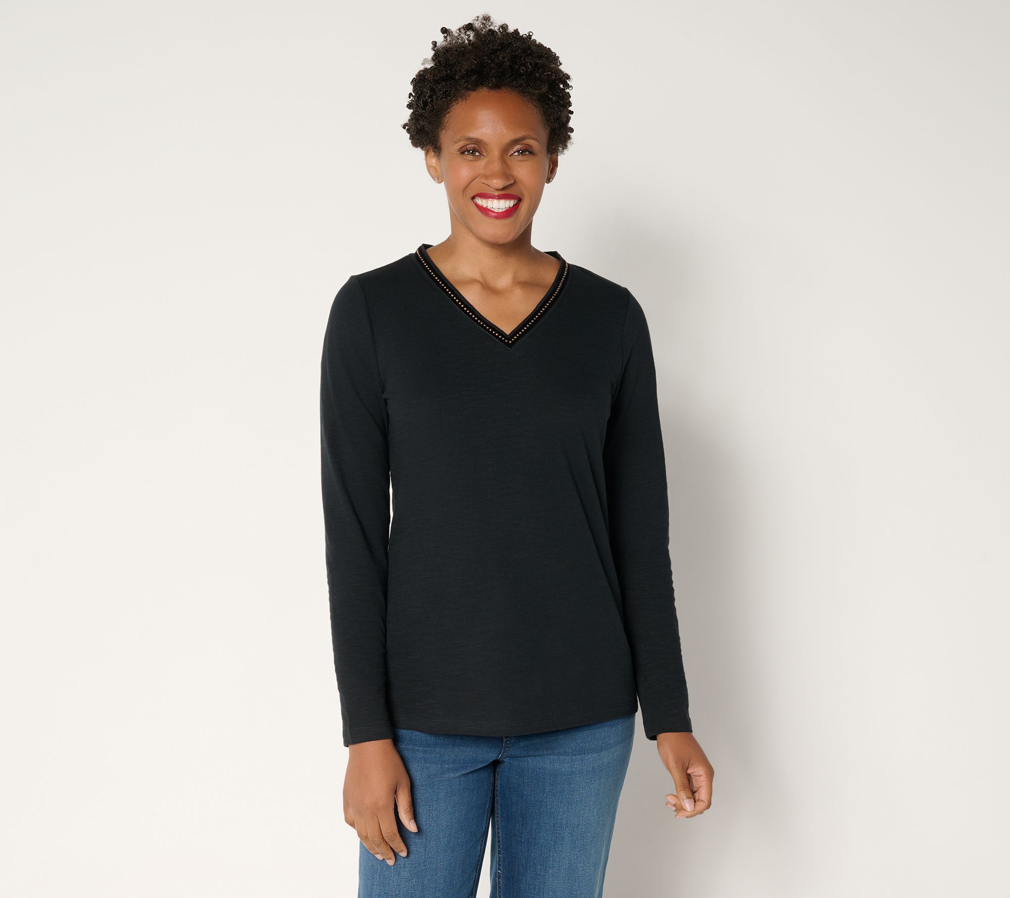 "As Is" Denim & Co. 100% Cotton Embellished Long Sleeve V-Neck Top