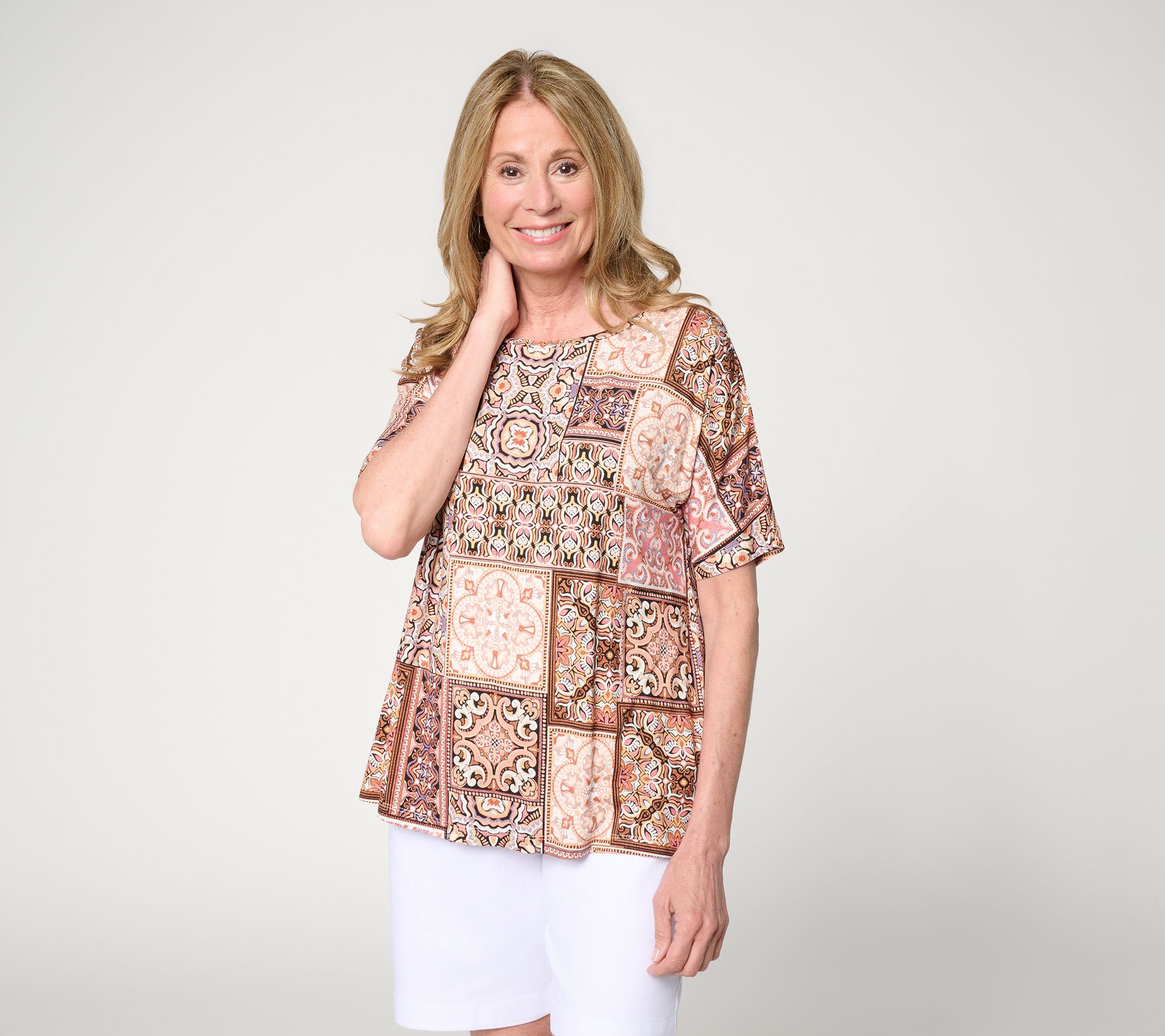Susan Graver Printed Rayon Spandex Dolman Sleeve Bateau Neck Top