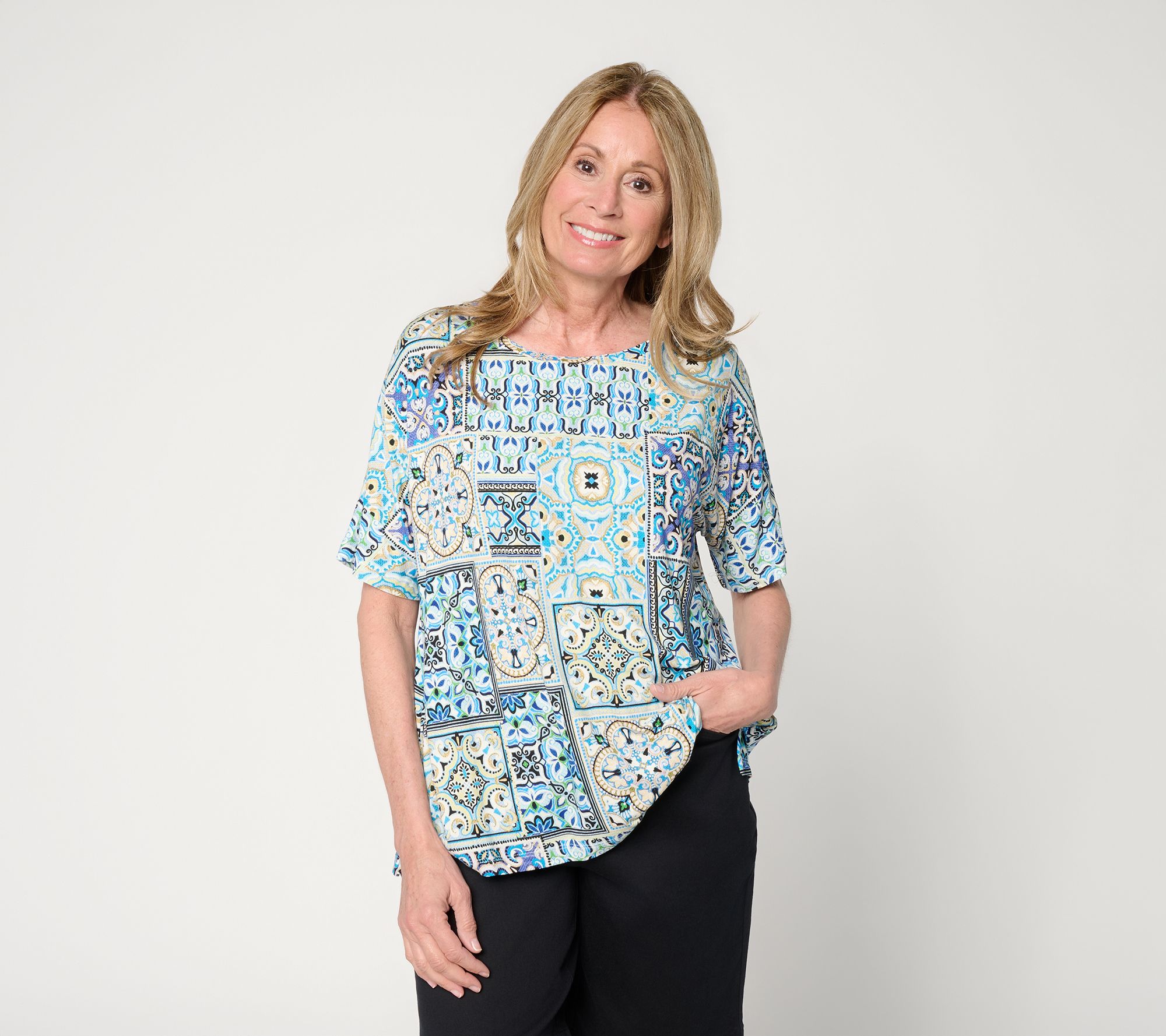 Susan Graver Printed Rayon Spandex Dolman Sleeve Bateau Neck Top