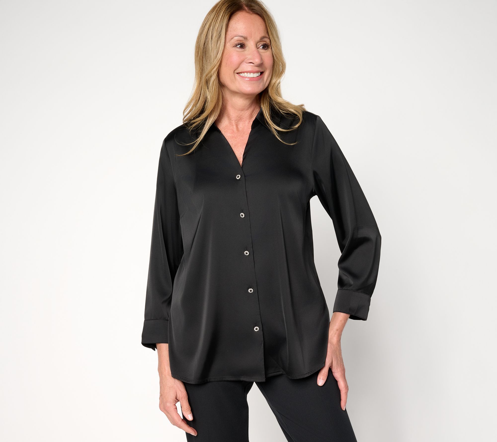 "As Is" Denim & Co. Stretch Satin Button Front Long Sleeve Blouse
