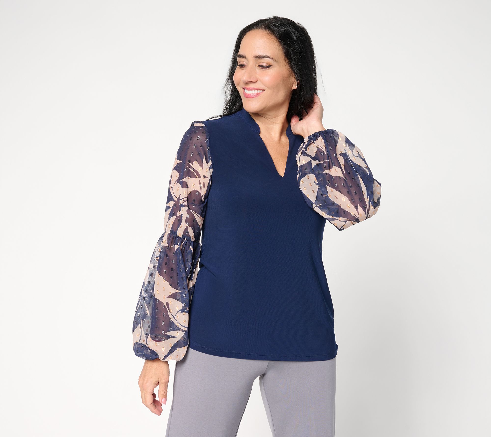 "As Is" Dennis Basso Italia Knit Printed Sleeve Top with Embellishment