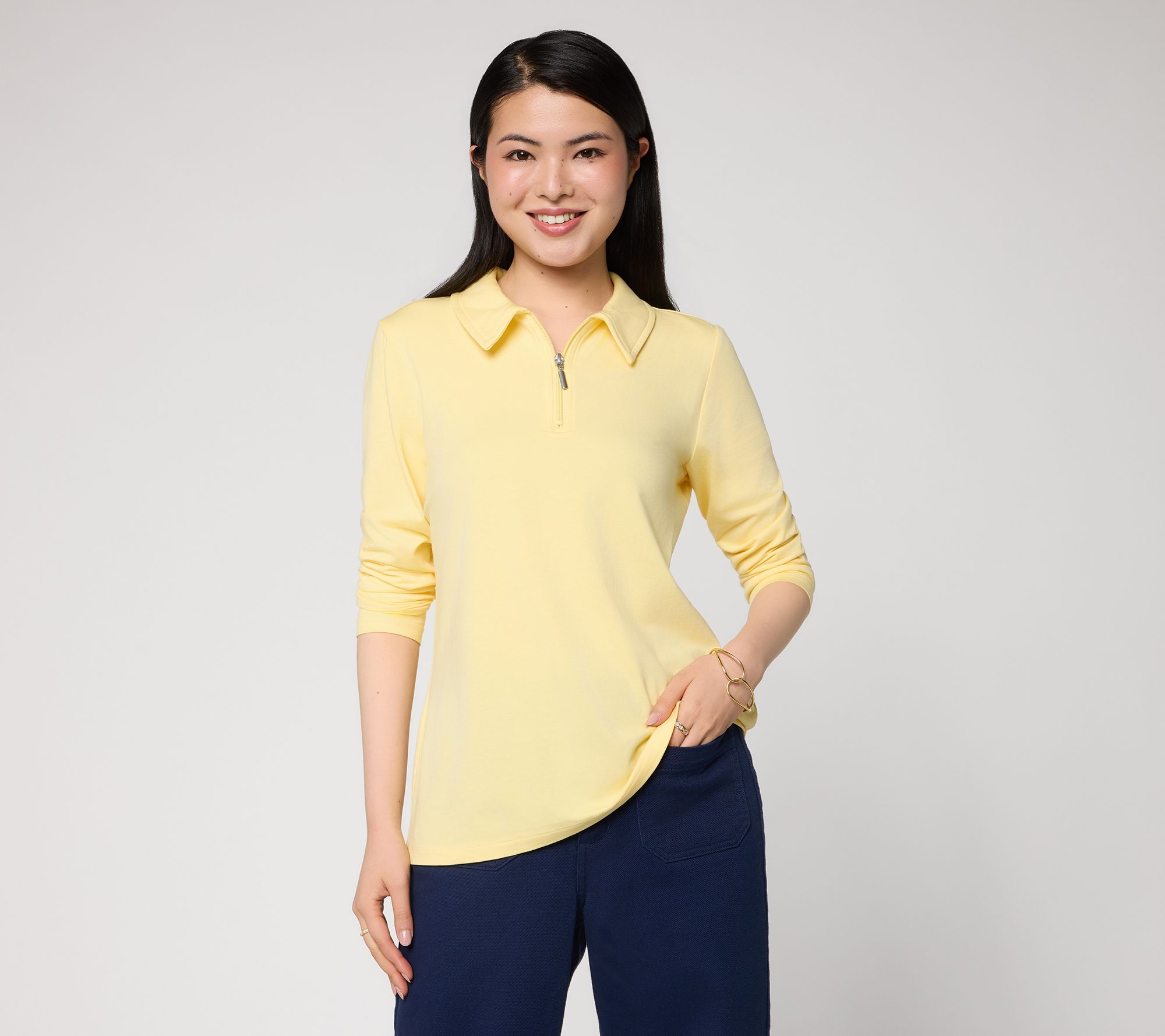 Denim & Co. Essentials Favorite Jersey 3/4 Zip Collared Top