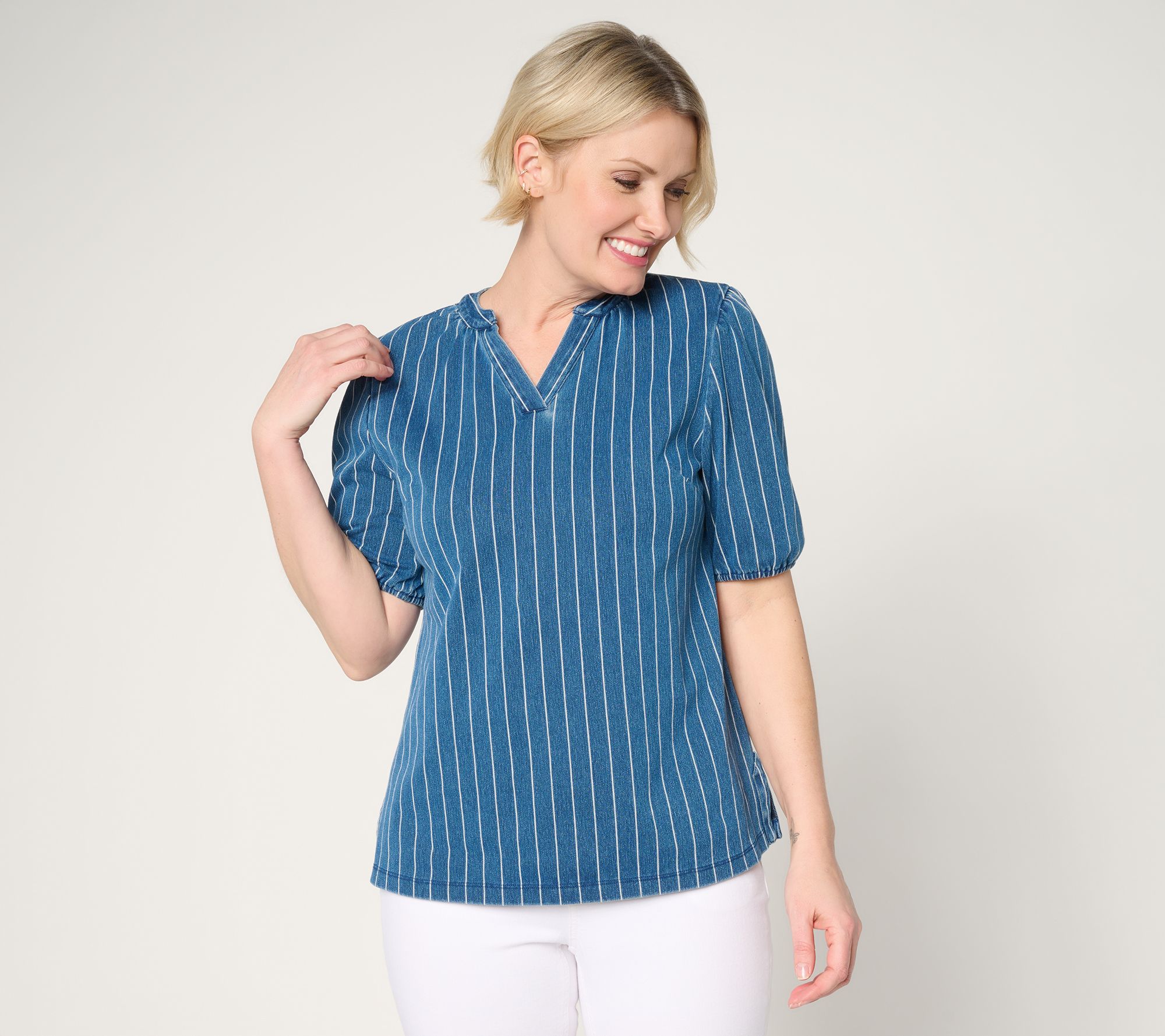 "As Is" Denim & Co. Comfy Knit Air Elbow Sleeve Split Neck Shirt