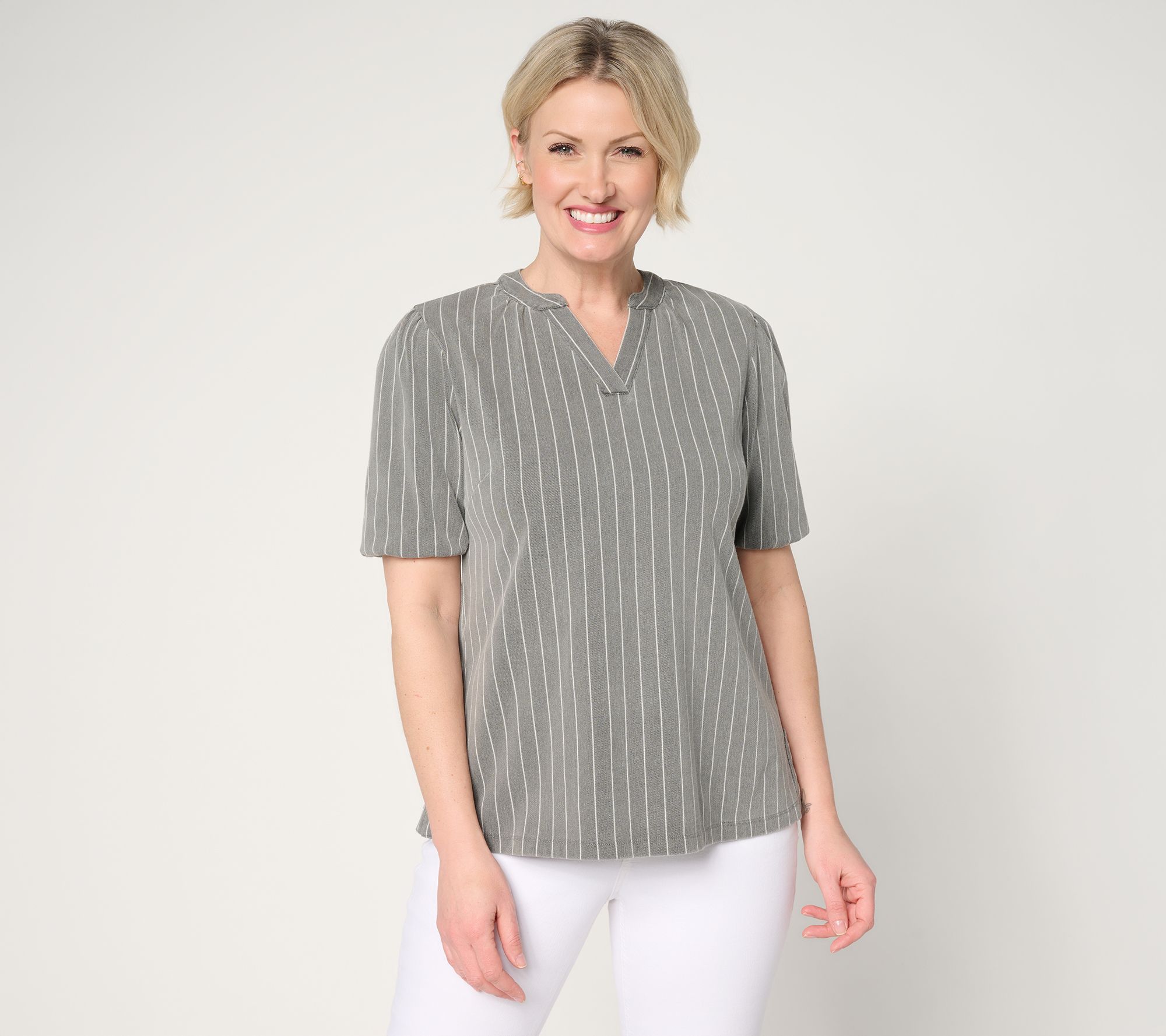 "As Is" Denim & Co. Comfy Knit Air Elbow Sleeve Split Neck Shirt