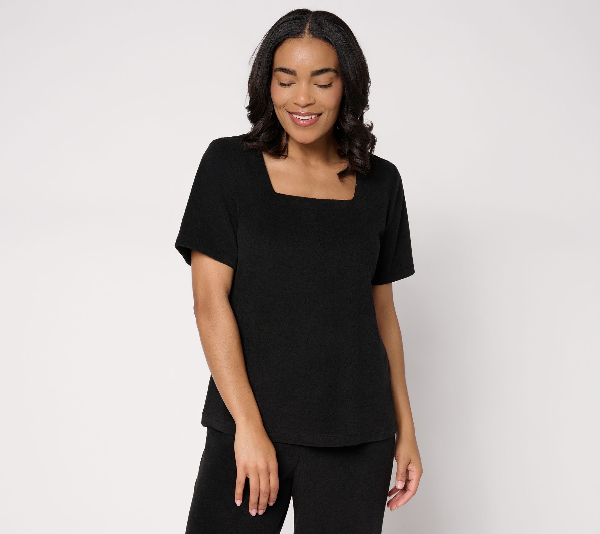 "As Is" Susan Graver Weekend Terry Square Neck Cap Sleeve Top