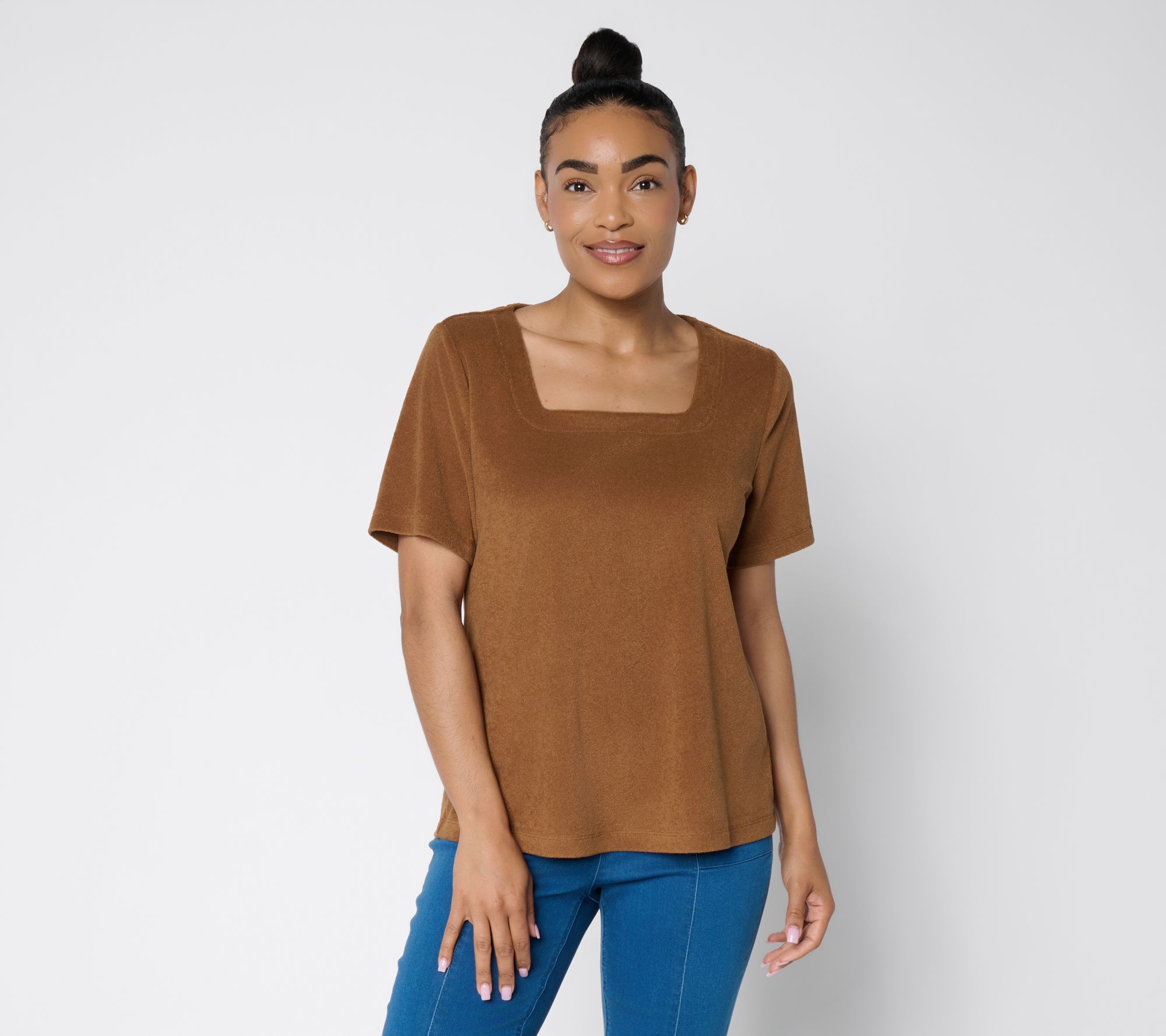 "As Is" Susan Graver Weekend Terry Square Neck Cap Sleeve Top
