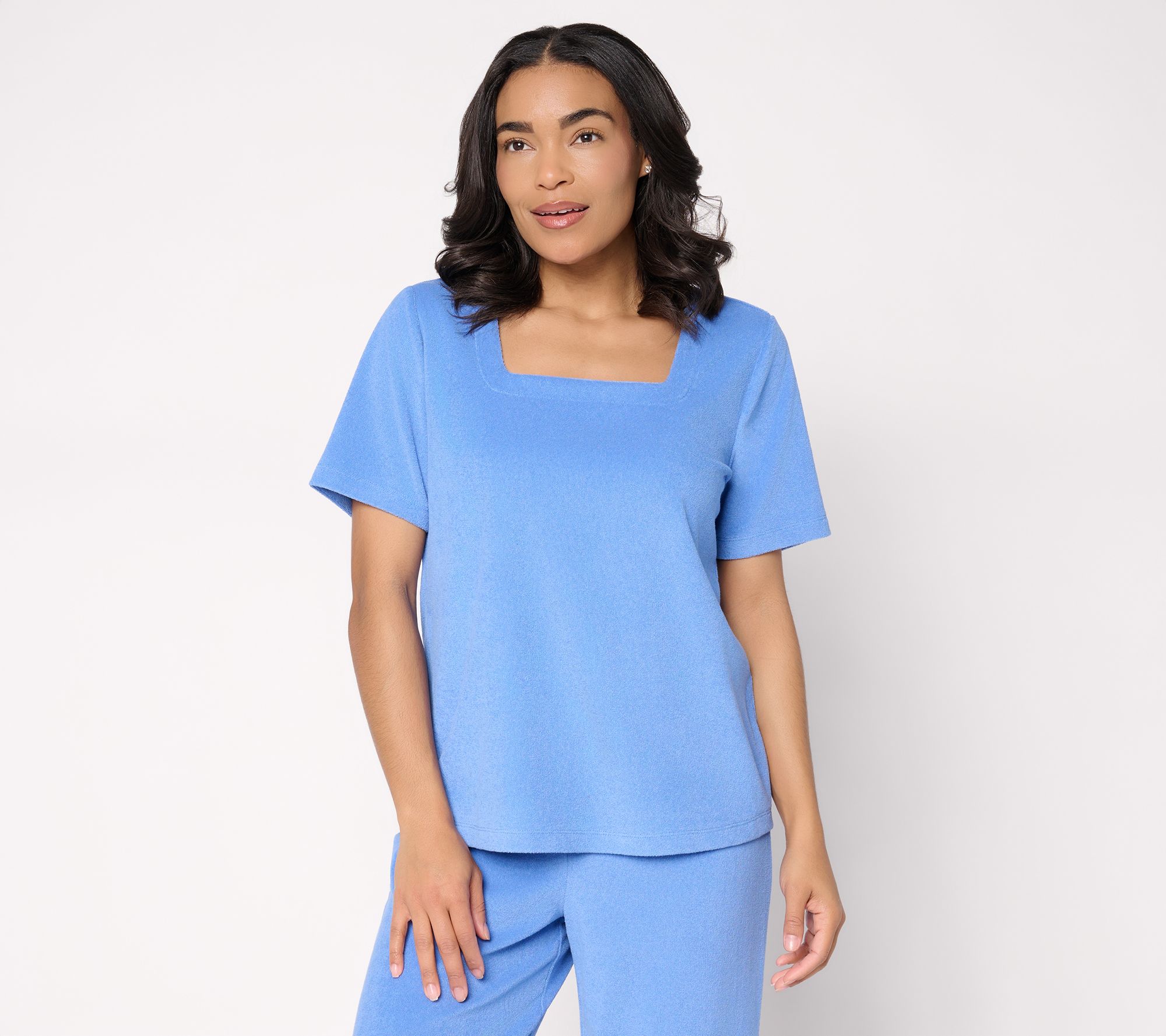 "As Is" Susan Graver Weekend Terry Square Neck Cap Sleeve Top