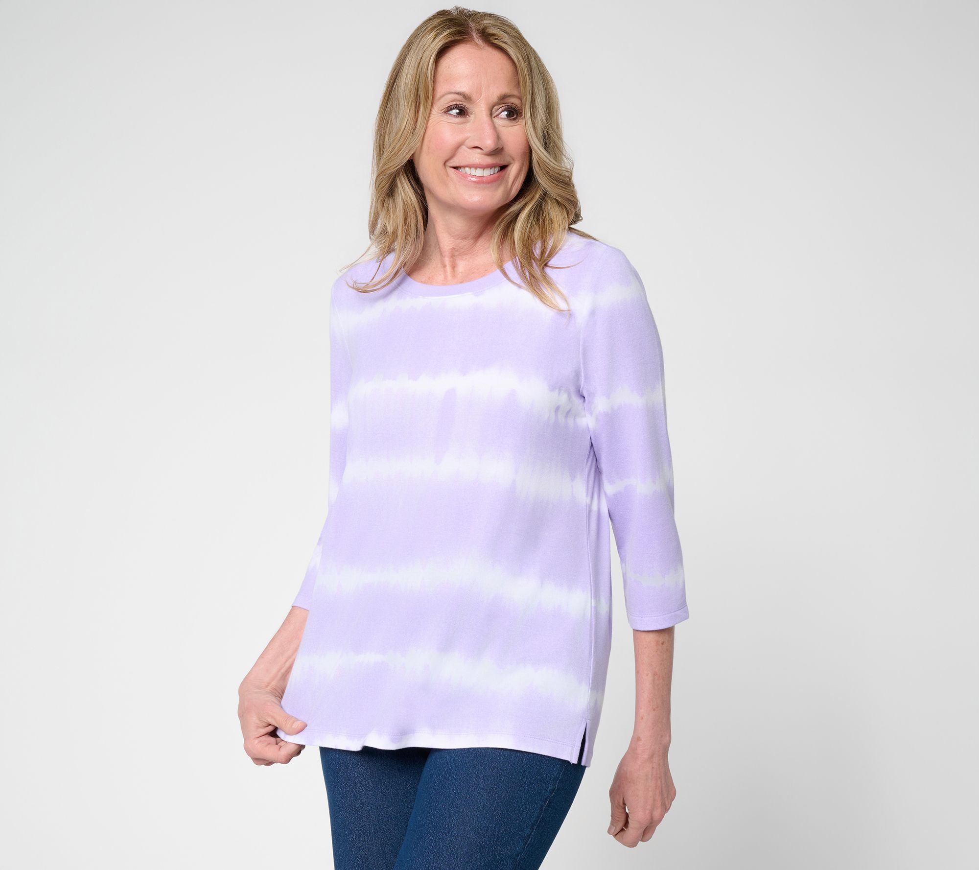 "As Is" Denim & Co. Petite Soft Blend Tie Dye Stripe Printed Top