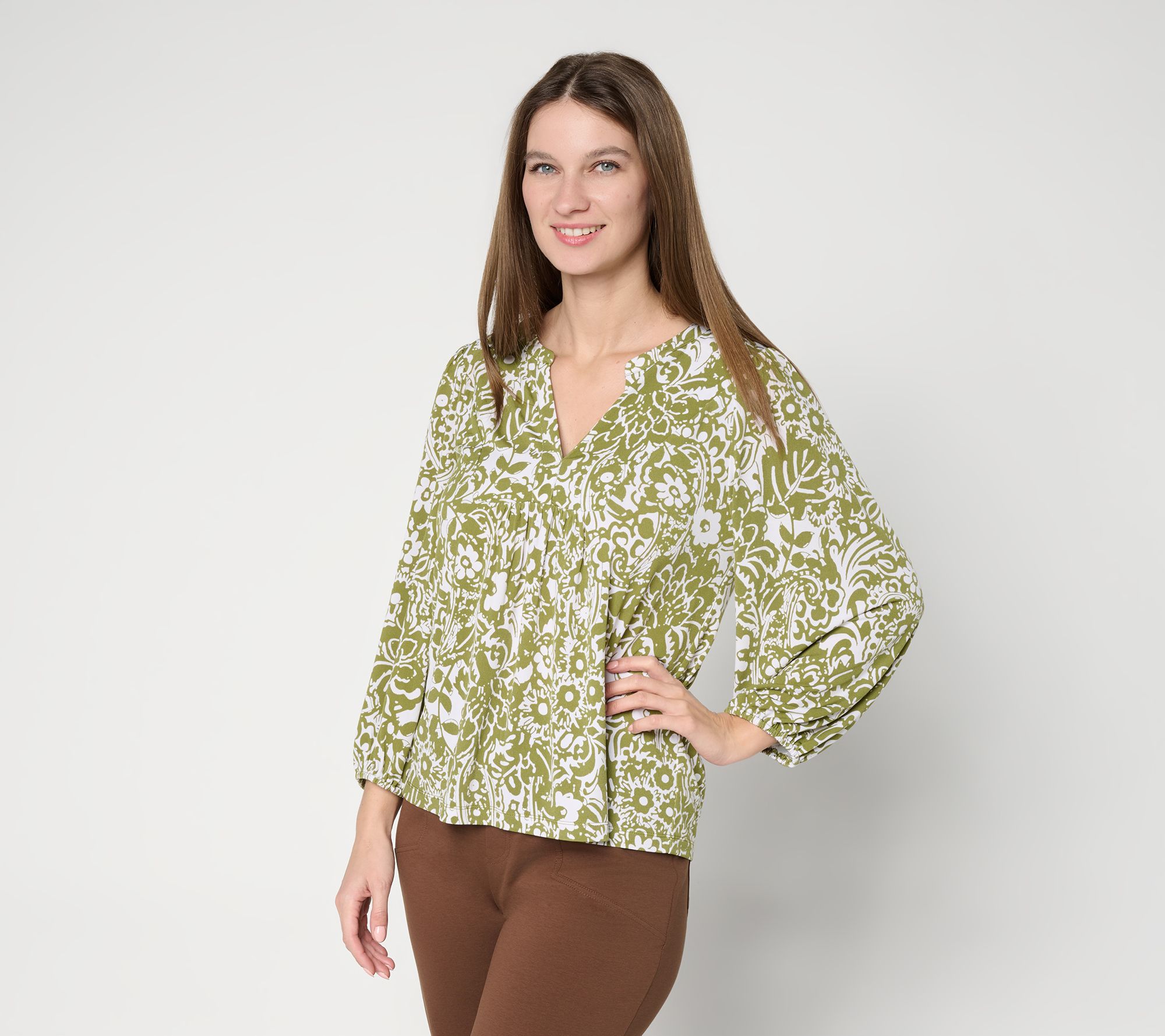 "As Is" Susan Graver Printed Liquid Knit 3/4 Sleeve Split Neck Top