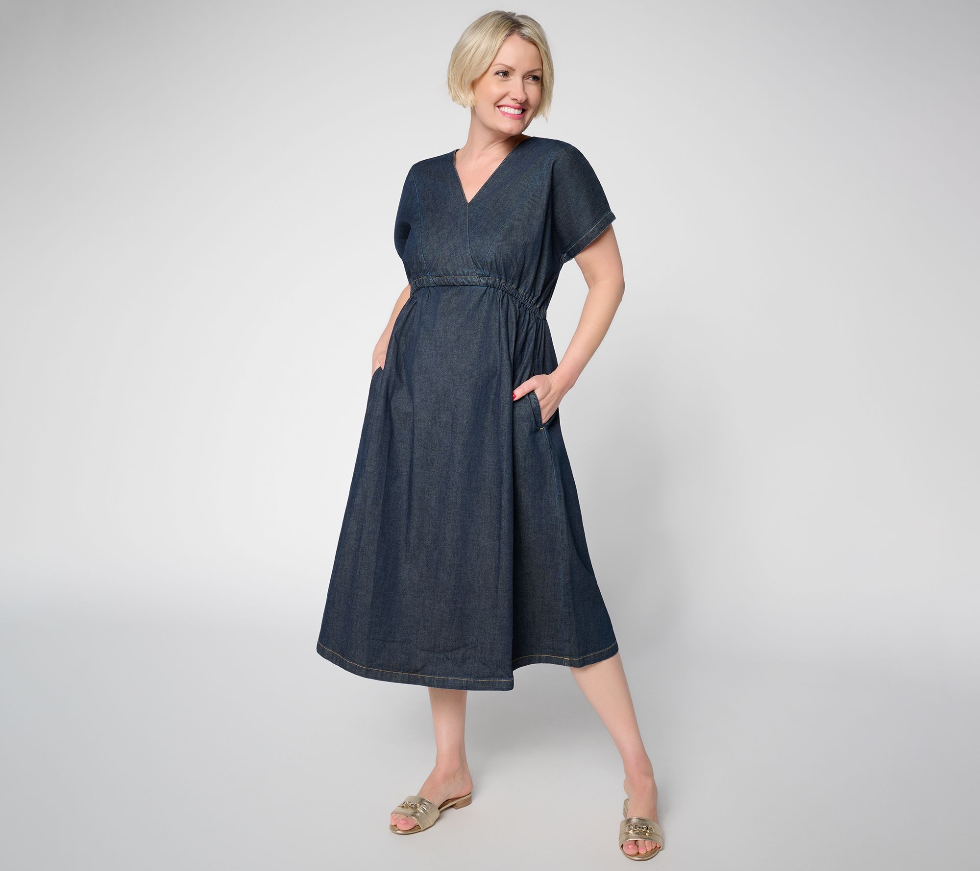 "As Is" Martha Stewart Regular Signature Denim V-Neck Dress w/ Tie Waist