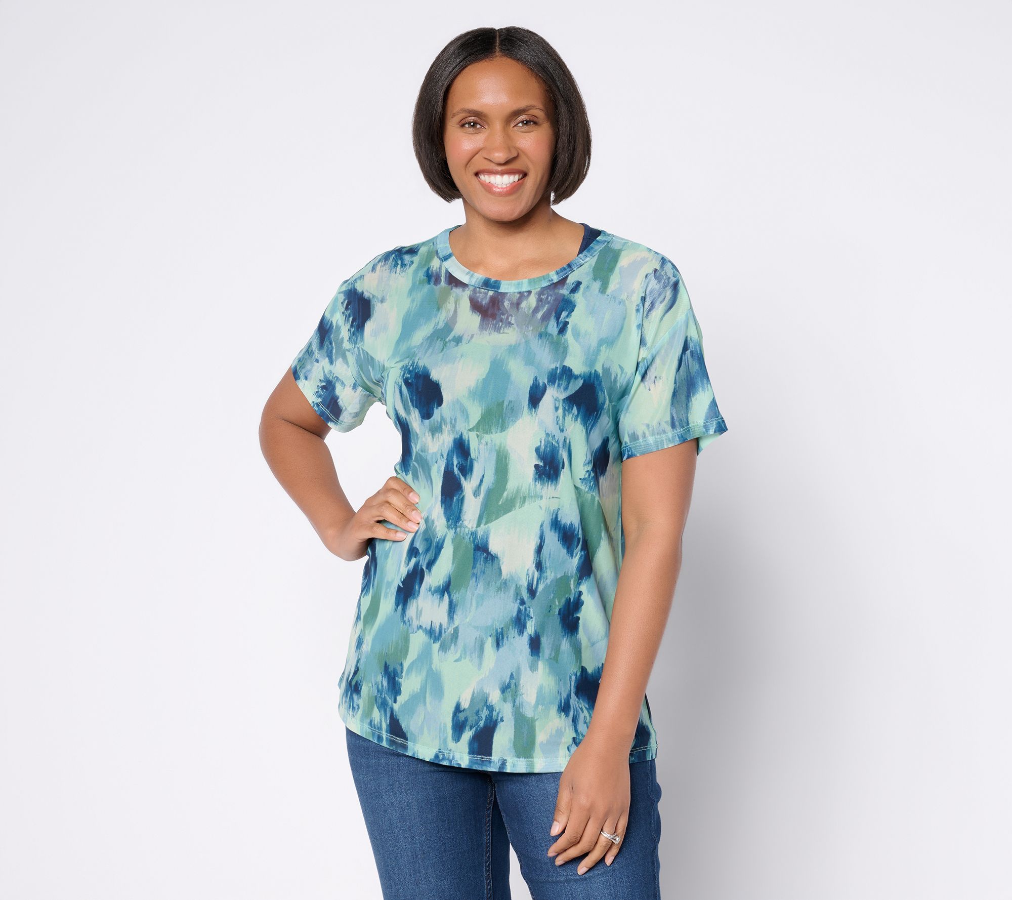 "As Is" LOGO Layers by Lori Goldstein Print Mesh Tee &Solid Knit Tank Set