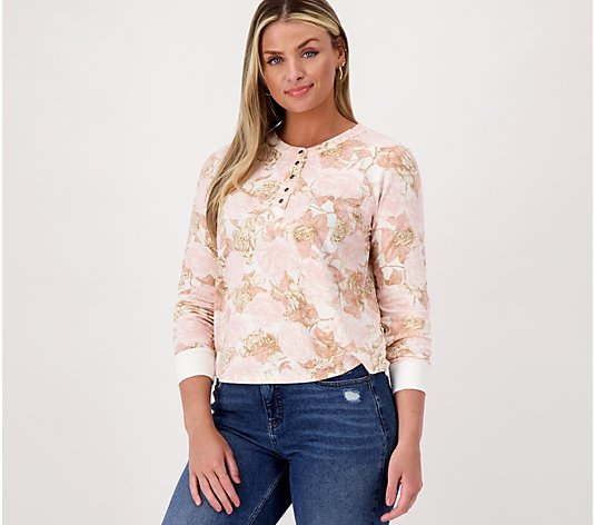 Candace Cameron Bure Printed Henley Curved-Hem Knit Top