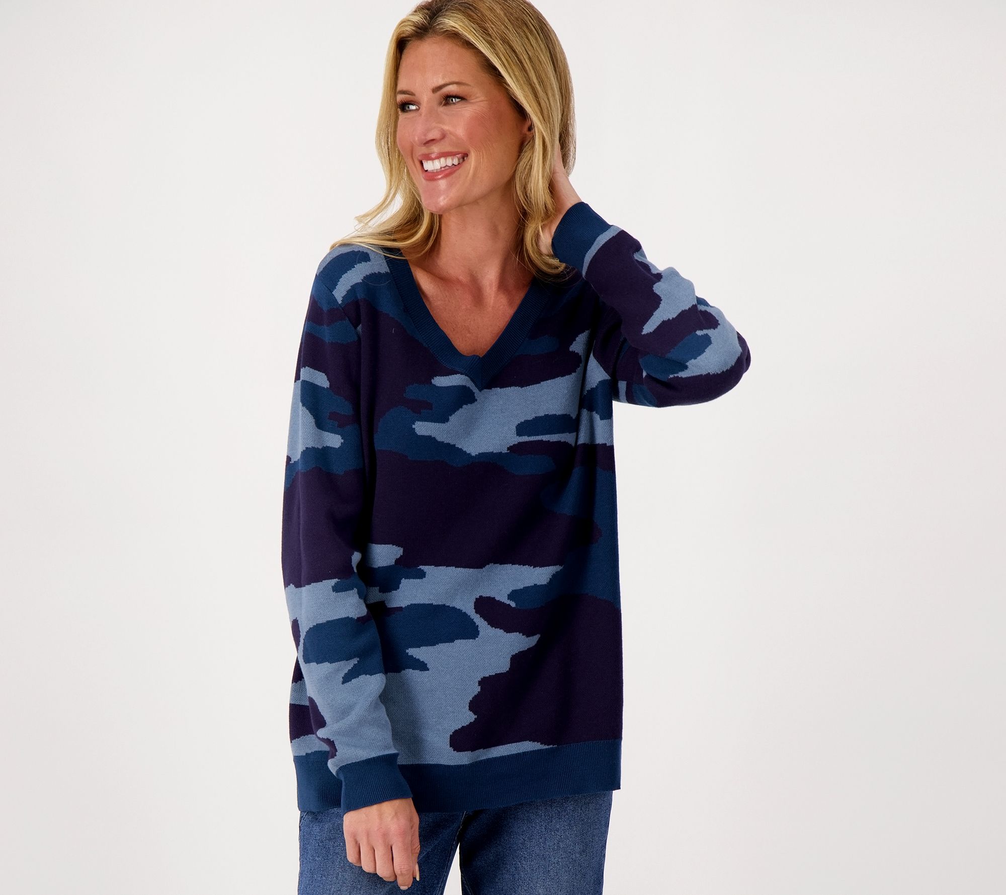 "As Is" Belle by Kim Gravel Oversized Camo Intarsia V-Neck Sweater