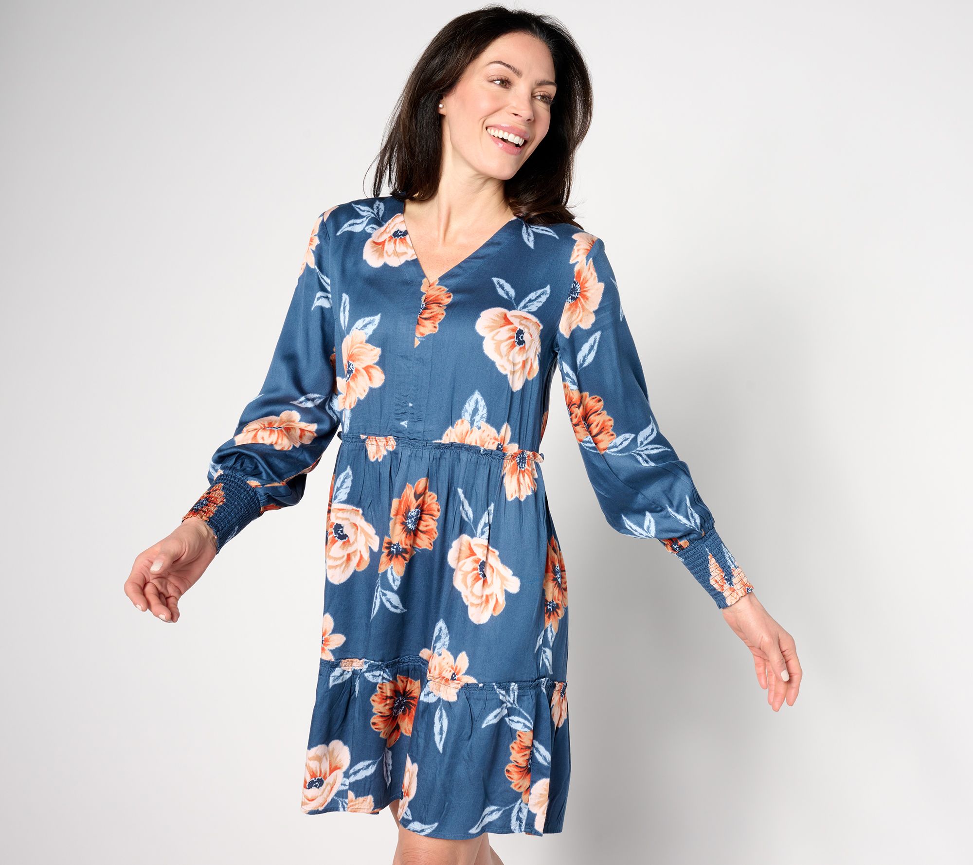 AnyBody Petite Printed Knee Length Dress with Smocked Sleeves